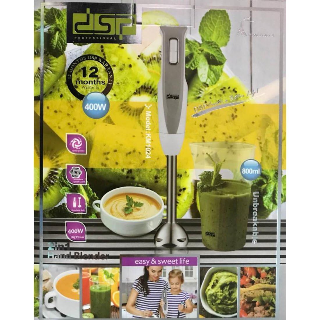 DSP Hand Blender 2-in-1, 400W Turbo Power with Variable Speed, ABS & Stainless Steel Body, Low Noise, Energy Saving, Copper Motor 7912, Includes 800ml Cup, Egg Whisk, Egg Stick, KM1024 (Black)