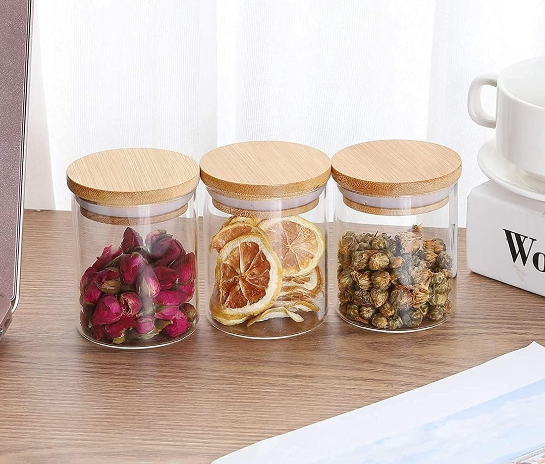 Glass Spice Jars (200ml),Glass Storage Jars with Bamboo Lids, Airtight Canister Set for Tea, Spices, Dried Herbs, Clear, Set of 3