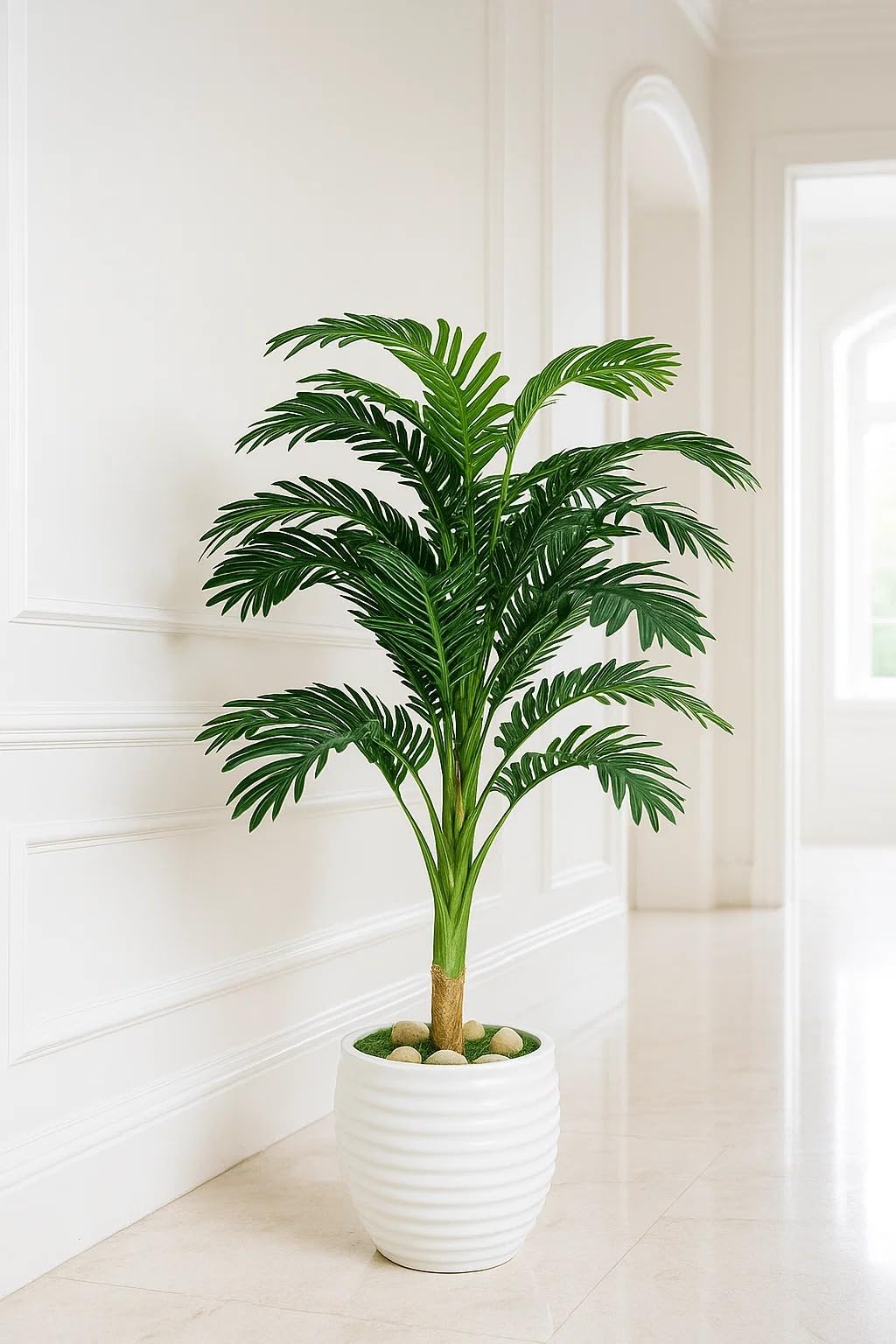 Artificial Cicas Plant, Premium Artificial Plant Palm with Round White Tub, 120cm, Dense Green Leaves for Indoor Outdoor Decoration (Green)