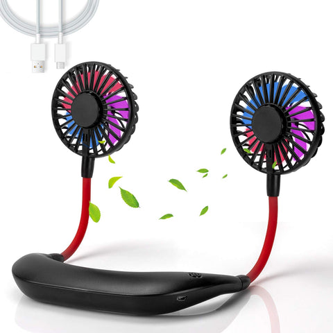 Hand Free Portable Neck Sports Fans,Rechargeable Wearable Design Usb Mini Fans, 3 Speed 7 Color LED Light 360 Degree Adjustment Head Suitable for Office, Outdoor, Sports (Black)