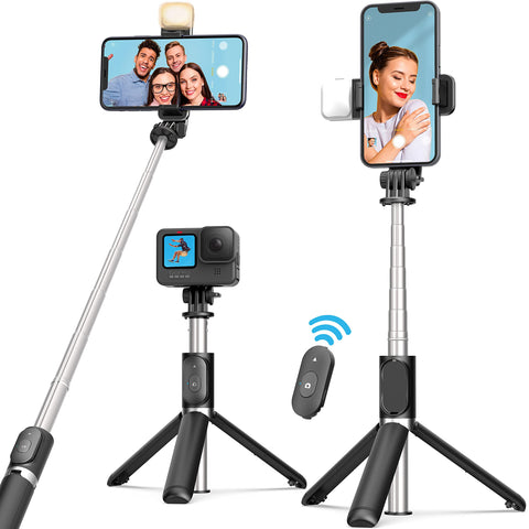 Selfie Stick with LED Fill Light,3C Phone Tripod Stand with Bluetooth Wireless Remote & 360°Rotation Long Selfie Stick Compatible with iPhone/OnePlus/Samsung/Realme & All Smartphones/Go Pro(Black)