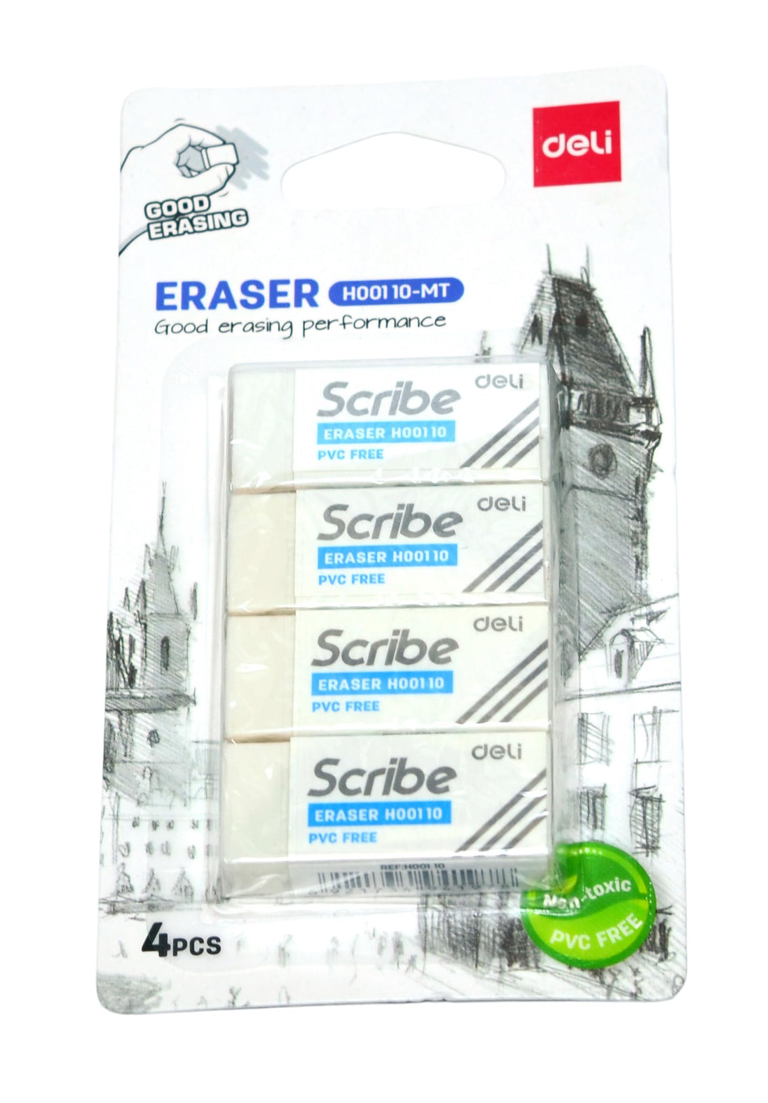 Deli EH00110-MT Eraser 4-Pieces, 40 x 17 x 12 mm Size, White