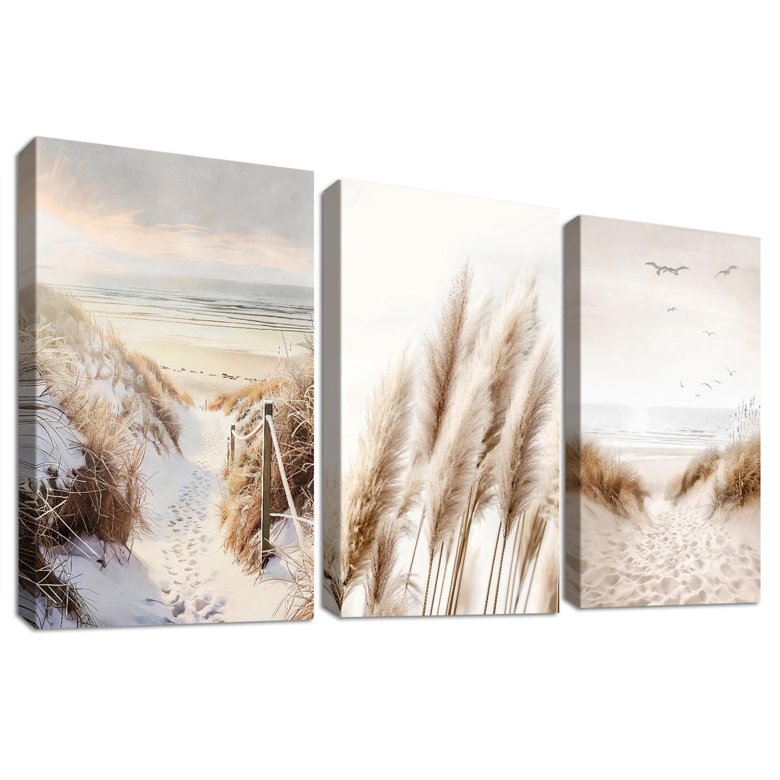 Set of 3 Wooden Frames on Canvas Nature Beach Seascape Baltic Poster Decoration Picture Pampas Grass Reed Picture Wall Decoration Living Room Bedroom 30 x 40 cm x3
