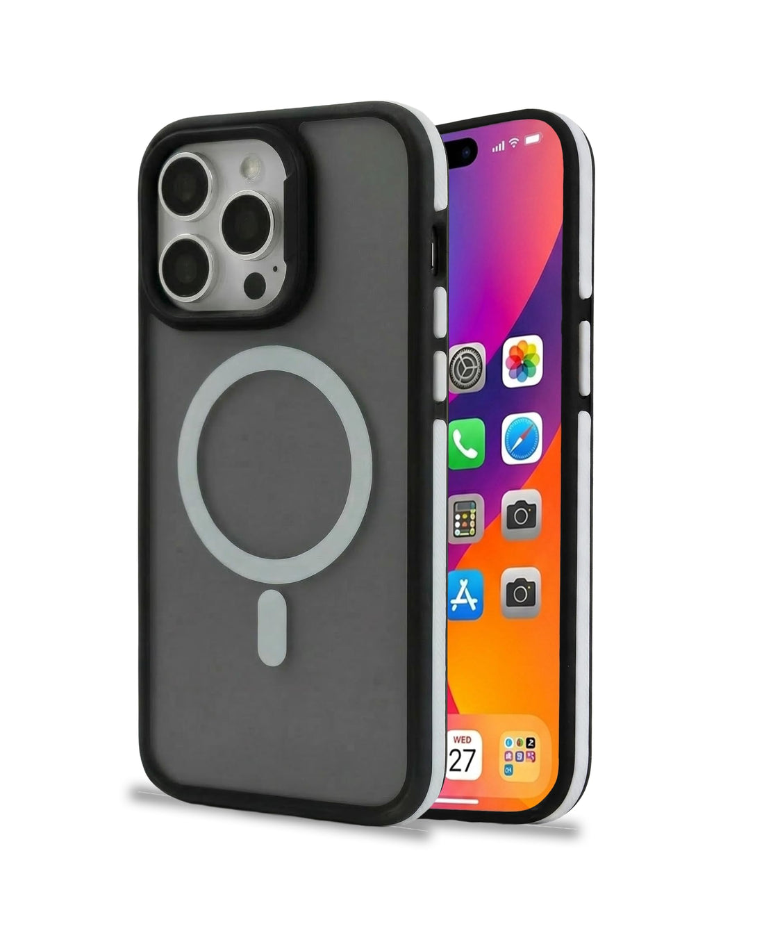 Phone Case for iPhone 15 Pro Max – Translucent Shockproof Matte Black with White Accents and Lens Camera Protection Compatible with Wireless Chargers