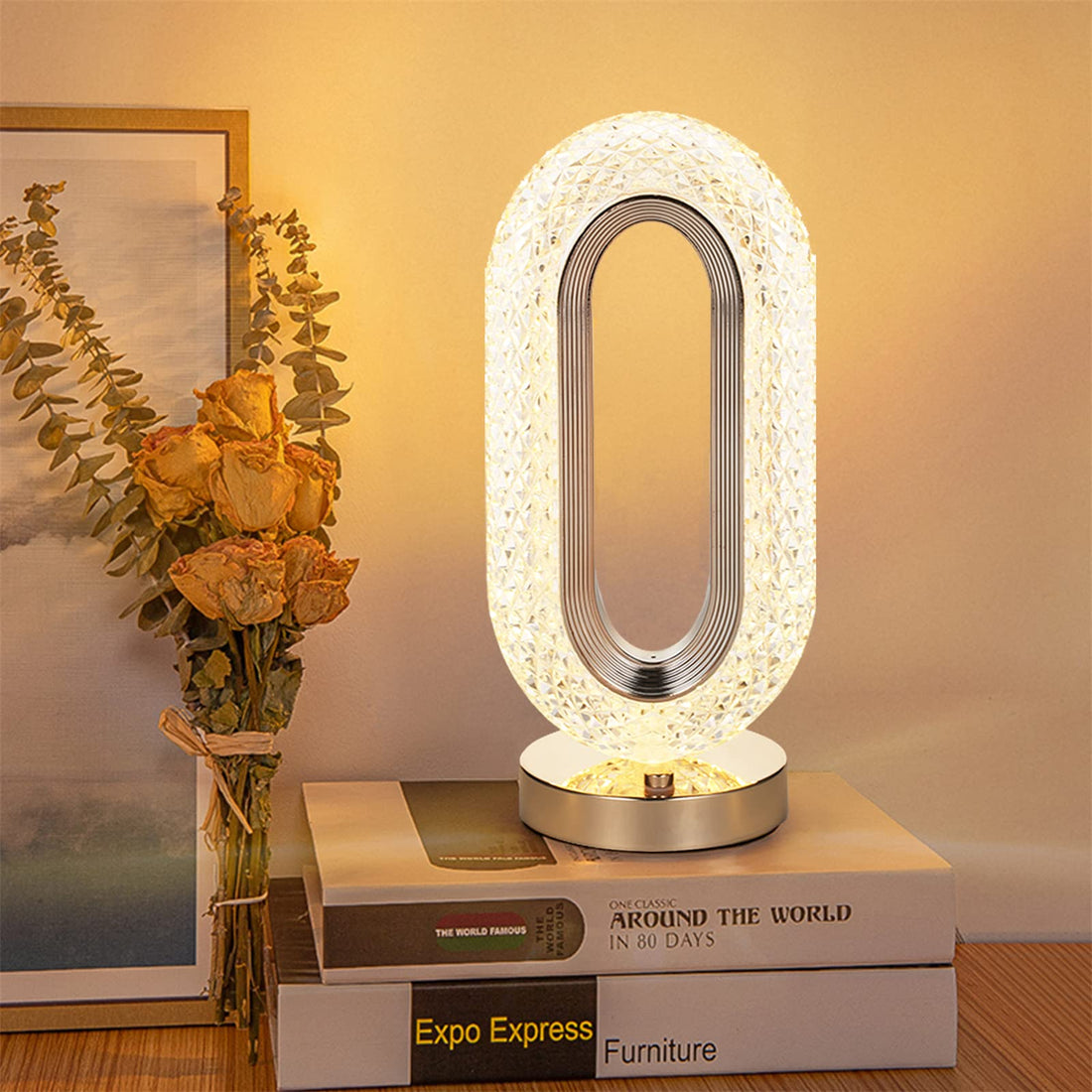 Toshionics Crystal Diamond Table Lamp, Touch Control Bedside Lamp with USB Port, Creative Romantic Rose Acrylic LED Light for Bedroom Living Room, Kids Room, Office (Halo)