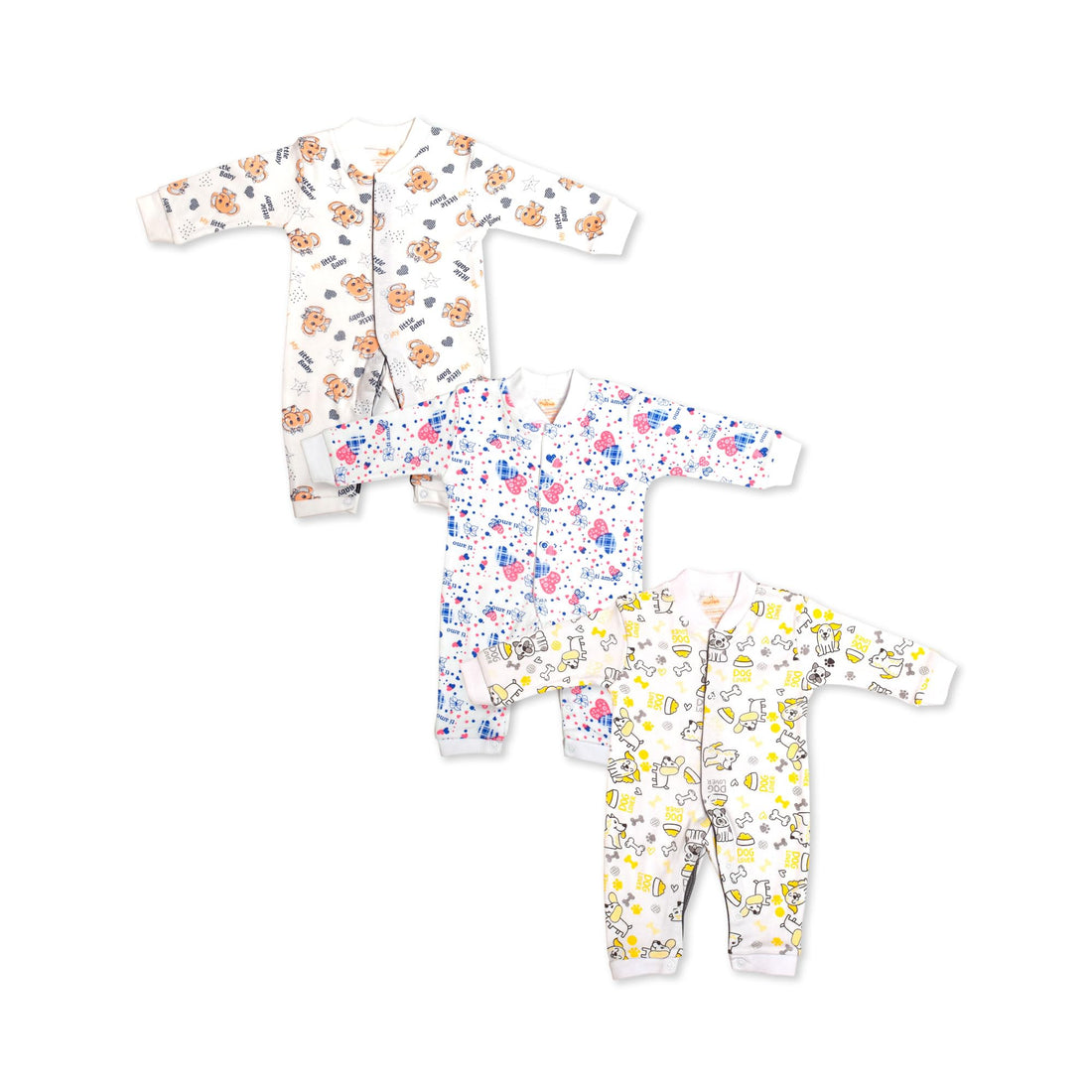 The Muffins Baby Cotton Long Sleeve Jumpsuits 3-Pack | Easy Diaper Access | Made in Egypt
