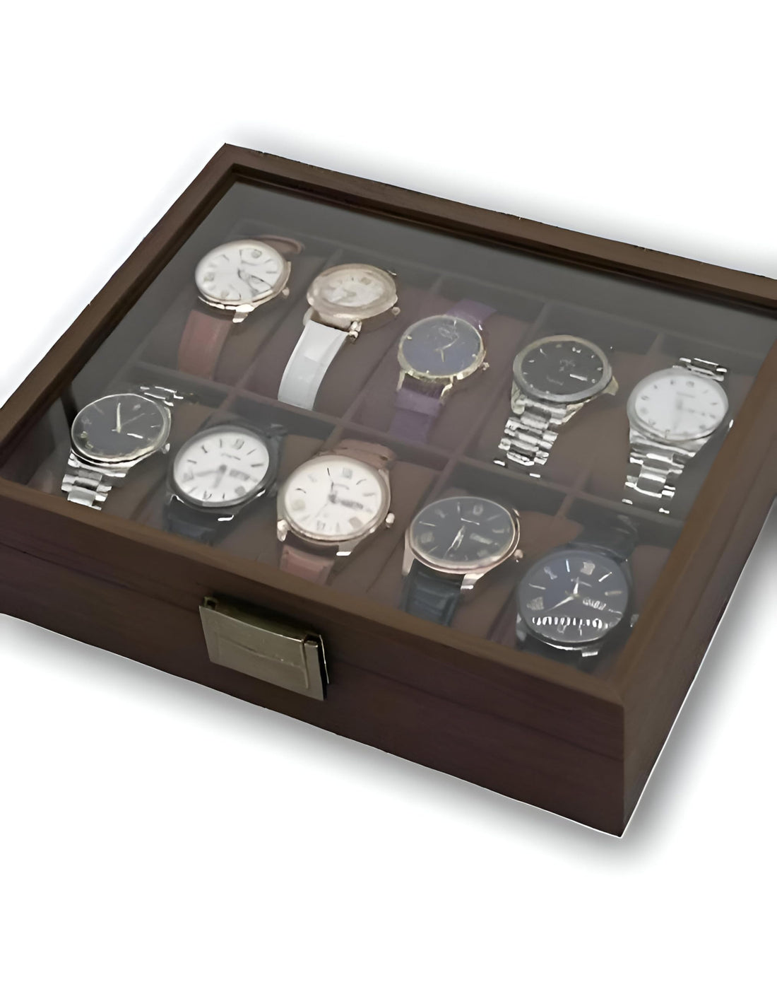 Luxury Watch Holder Box - Handcrafted wooden case for 10 timepieces, featuring a clear glass top and plush velvet interior in warm brown tone.