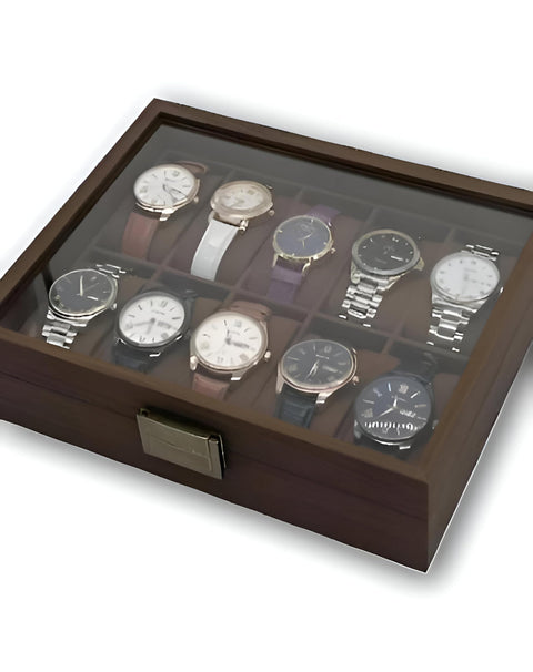 Luxury Watch Holder Box - Handcrafted wooden case for 10 timepieces, featuring a clear glass top and plush velvet interior in warm brown tone.