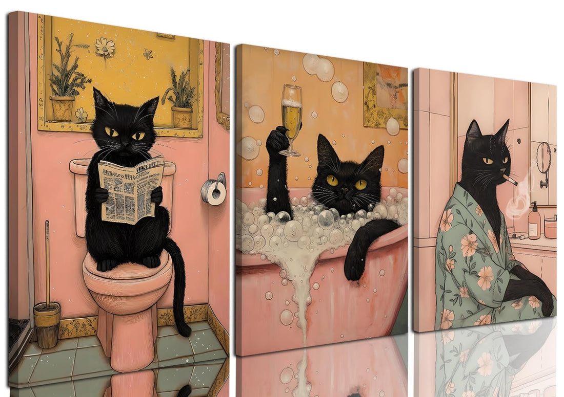 Funny Bathroom Black Cat Wall Art Set of 3, Cute Cat Bath Wall Decor Paintings, Funky Animal on Toilet Reading Newspaper Canvas Prints Artwork for Restroom Home 12x16 inch Framed