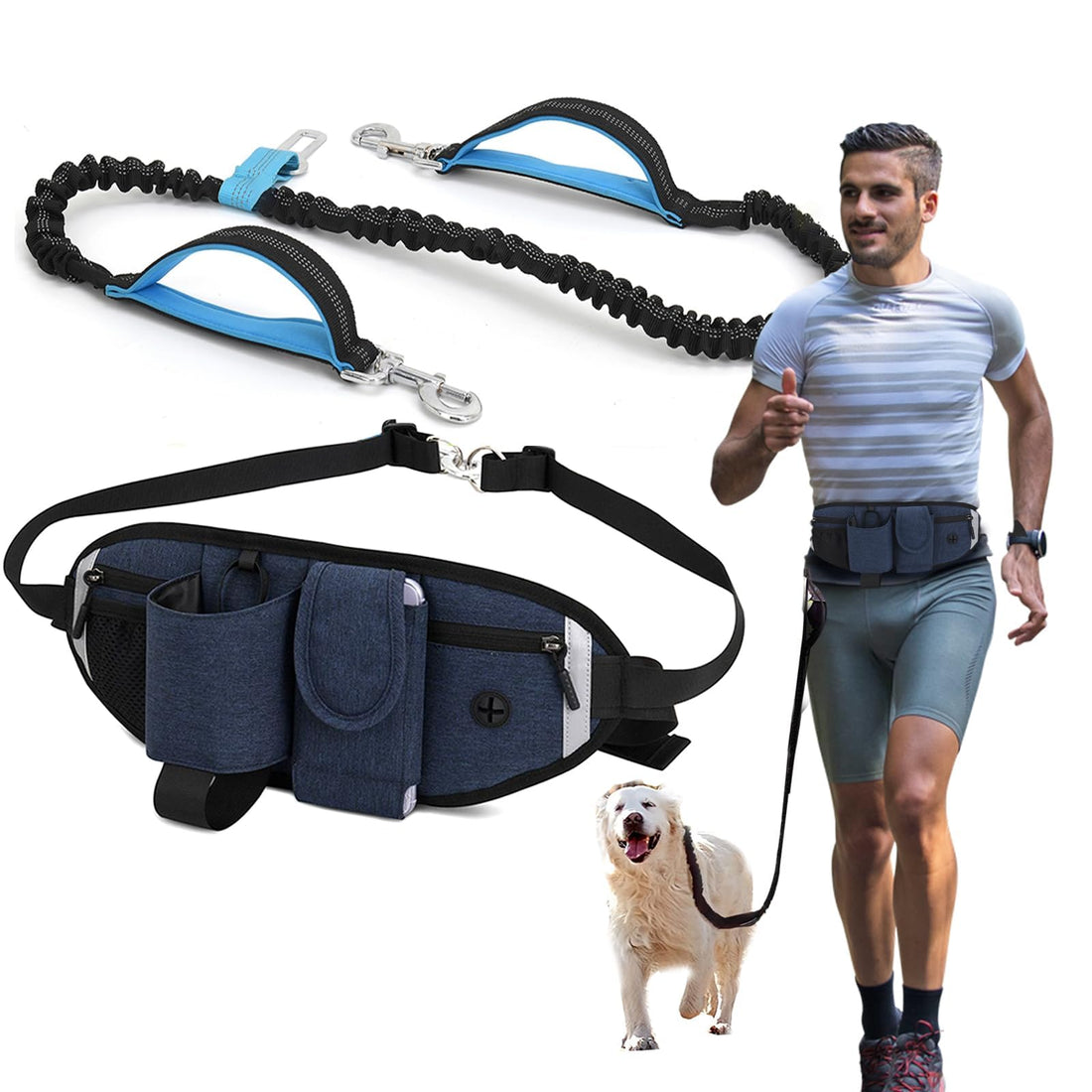 Belt with Dog Leash, Waist Leash for Dog Walking with Zipper Pouch for Medium Large Dogs, Retractable Elastic Leash for Training Hiking