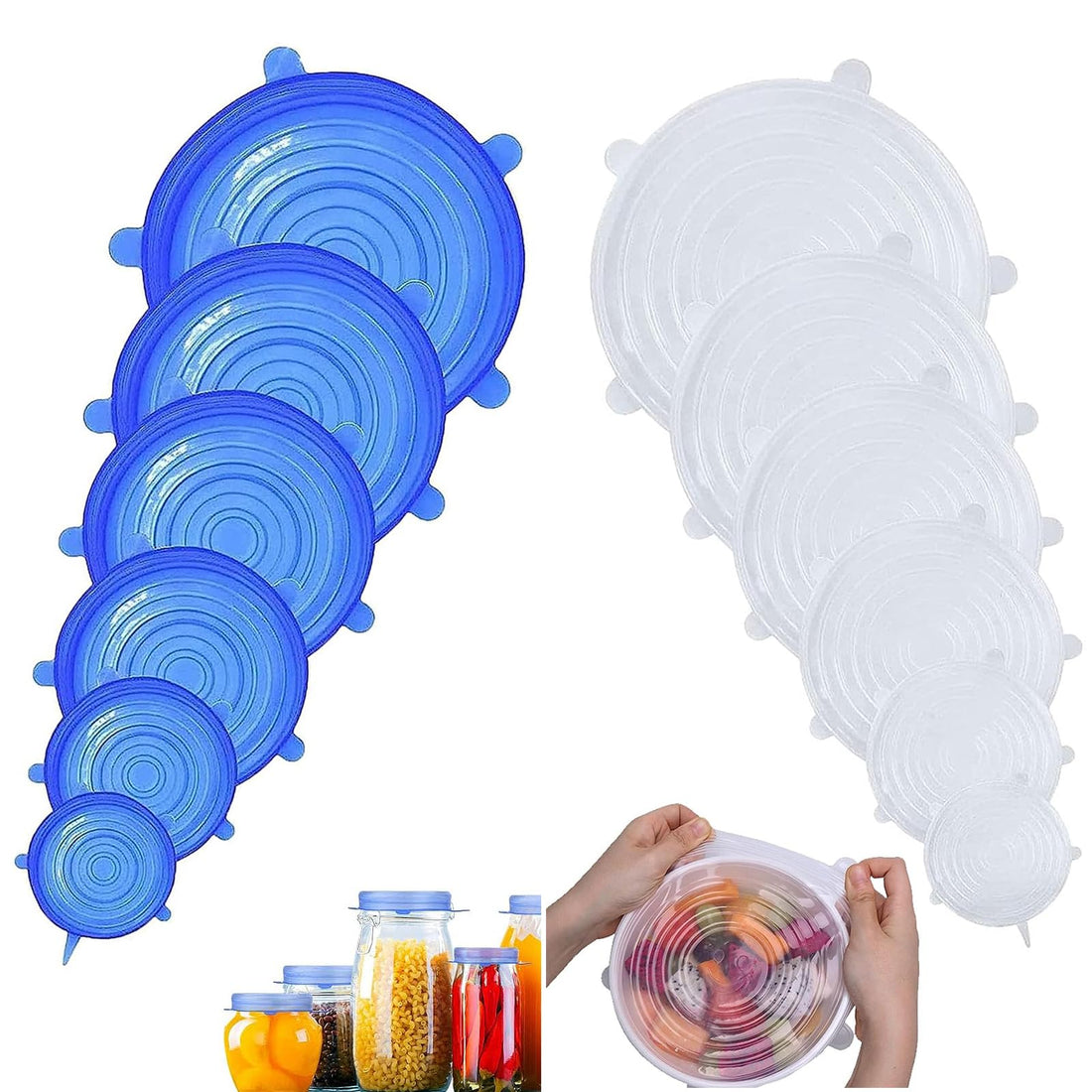 12PCS Silicone Stretch Lids Reusable Food Covers, 6 Sizes, Blue & White, Microwave & Dishwasher Safe, Silicone Material, Food Covers for Dishes, Jars, Bowls