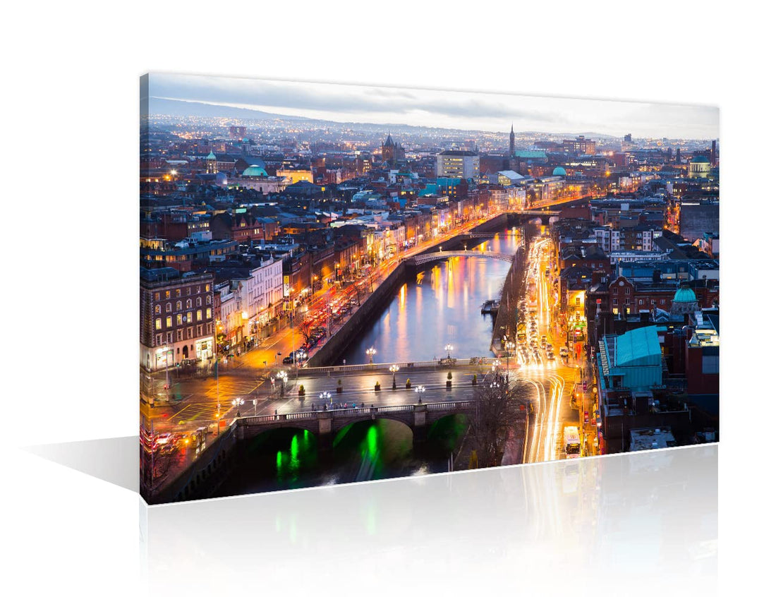 TISHIRON 1 Piece Canvas Wall Art Ireland Skyline Bedroom Decor Modern Downtown Skyscraper Wall Decorations for Living Room Ireland Bathroom Decor Wall Art Framed Ready to Hang (12''Wx18''H)