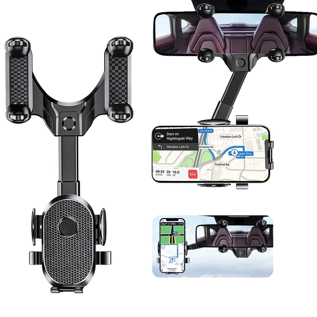 YOFOKO 2022 Rear View Mirror Car Mobile Phone Holder, Multifunctional 360° Rotating Retractable Phone Holder for Smartphones