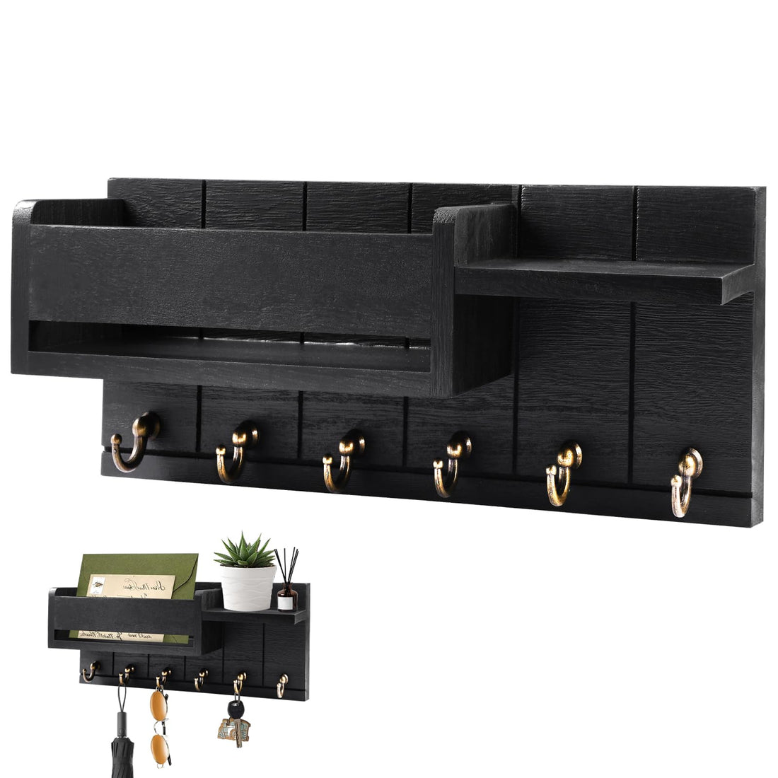 Key Holder with Shelf, Wall Key Holder with 6 Hooks, Wooden Wall Key Holder for Envelopes, Books, Potted Plants, Perfumes, Hanging Keys, Clothes, Bags (Black)