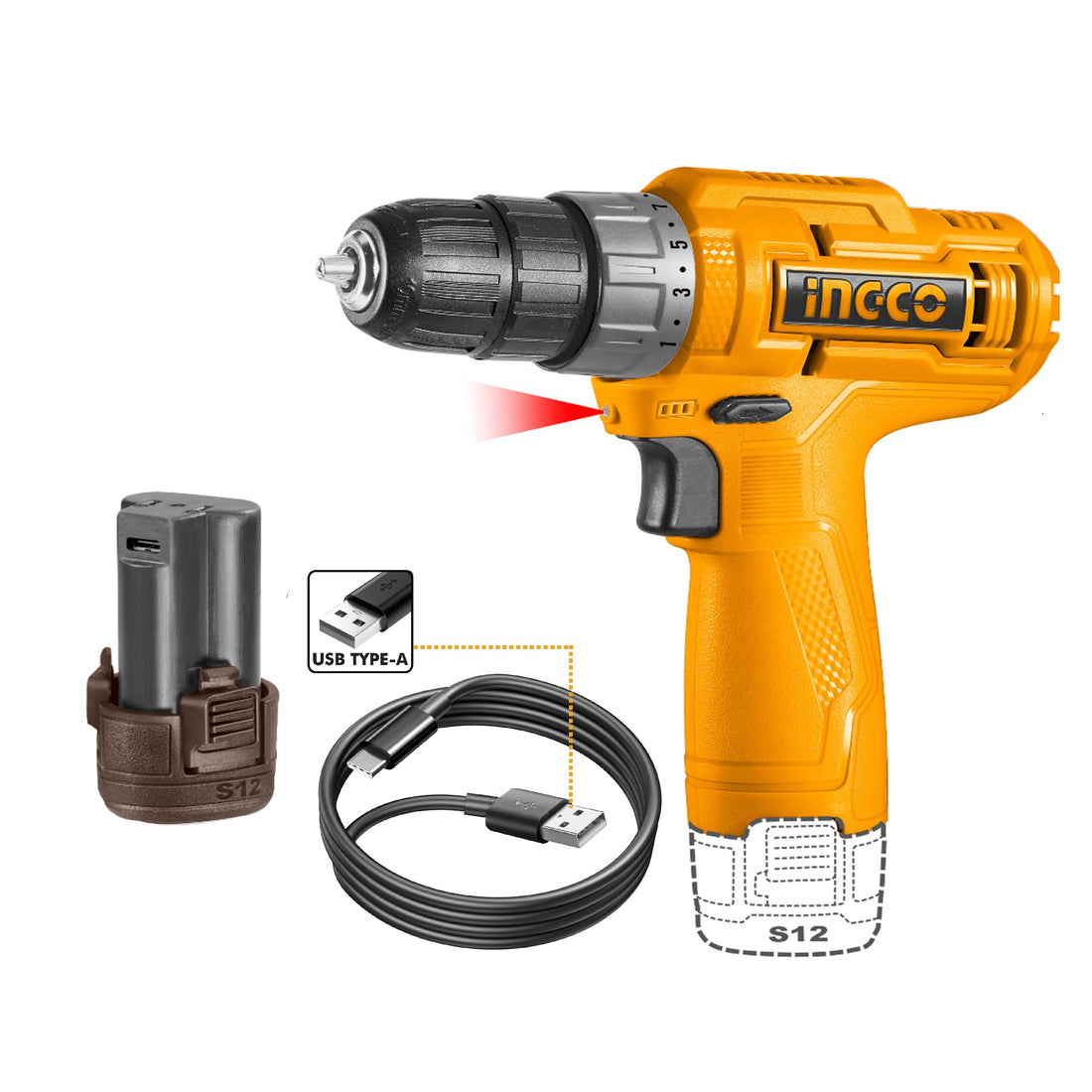 INGCO 12V Cordless Drill, Cordless Drilling Machine With Battery, Charger, Drill Bit, 20 Nm,0.8-10 mm,15+1 Torque