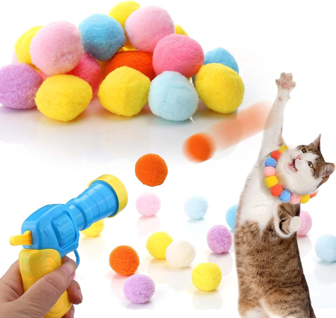 Cat Toys Interactive for Indoor Cats With Interactive Launchers Cat Toys For Indoor Cats Self Play Cat Silent Plush Ball Toy Pom Pom Balls Puff Balls Cat Enrichment Toys 30 Balls 1.2IN