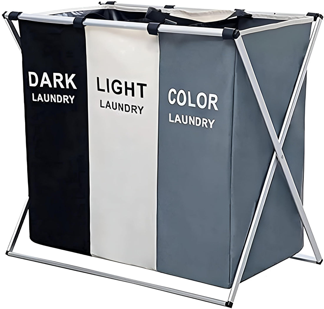 Laundry Basket - 3-Compartment Waterproof Folding Organizer with Frame for Clothes Sorting and Storage in Bedroom or Bathroom