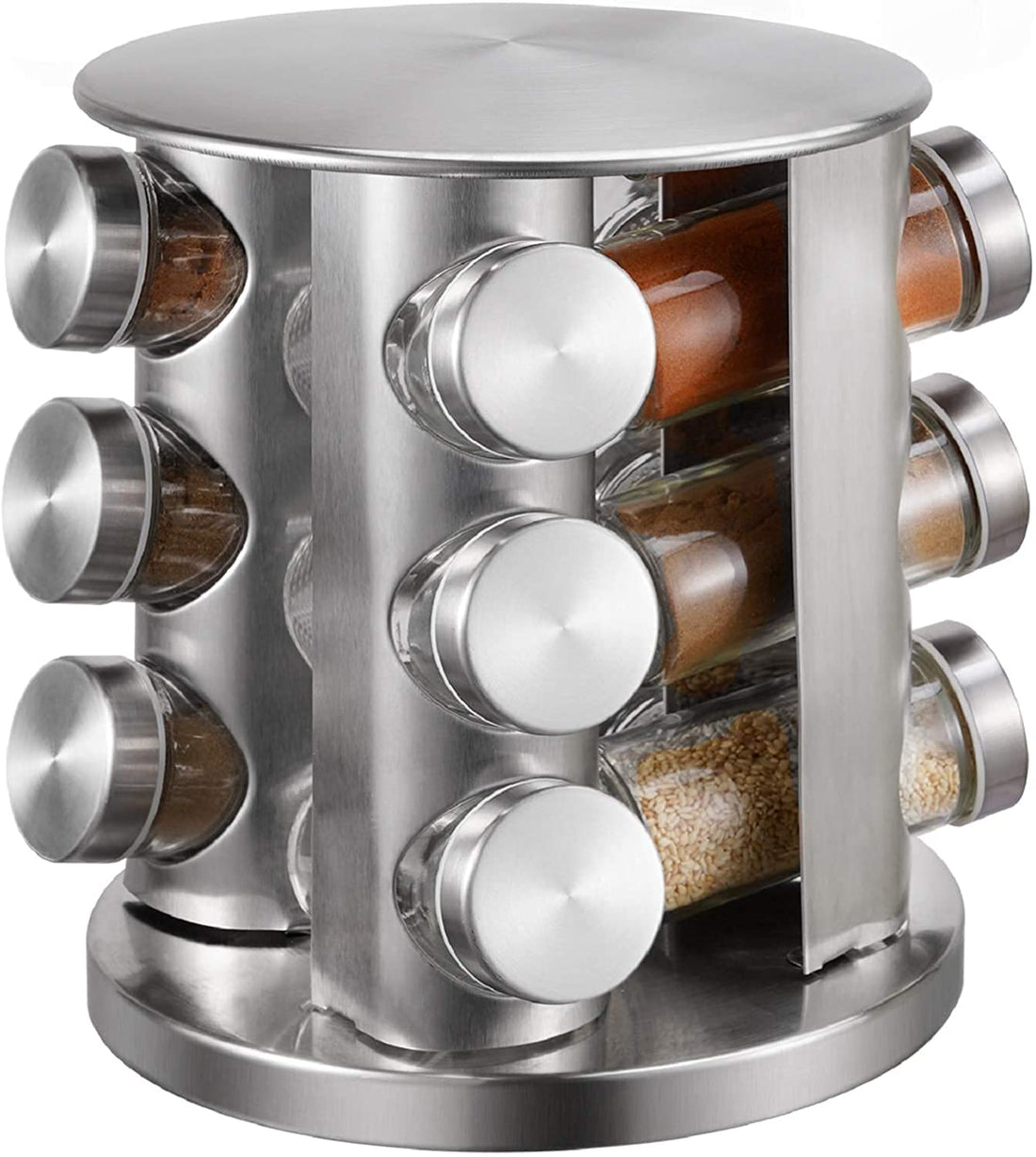 Tray Spice Jar Rack Revolving Rotating Countertop, Spice Organizer, Seasoning Set, Spice Carousel Stainless Steel Stand Storage Holder with Glass Bottle for Kitchen, Hotel, Tiered Shelf (Silver-12)