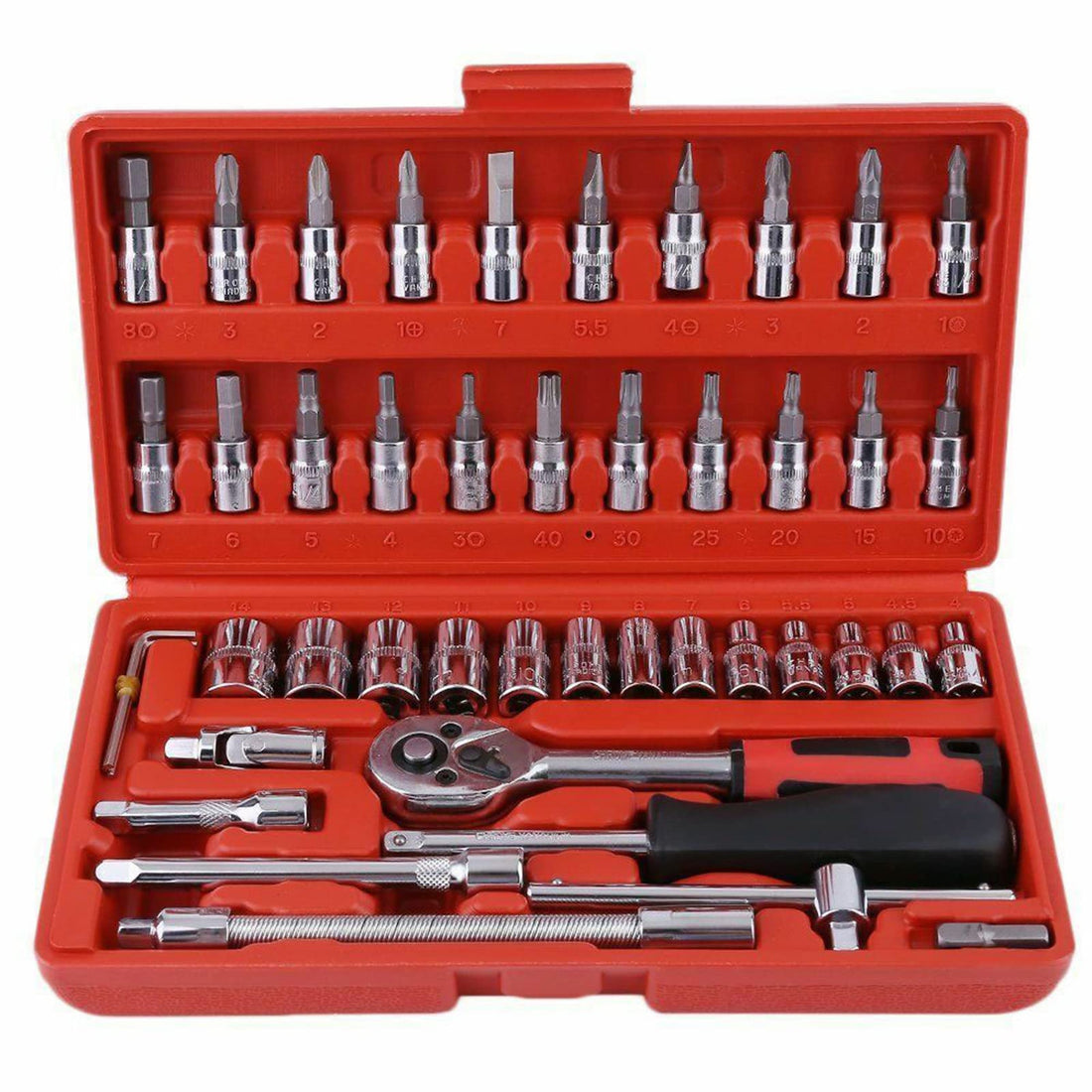 Socket Spanner Set, 46 Pieces 1/4 Inch Drive Socket Spanner Ratchet Set with Storage Case, 4-14 mm Cr-V Socket Wrench, Screwdriver Bits, Extension Bars for Household, Car, Bicycle Repair