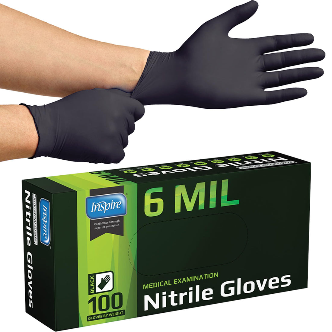 Inspire Black Nitrile Gloves | HEAVY DUTY 6 Mil Nitrile THE ORIGINAL Nitrile Medical Food Cleaning Disposable Gloves