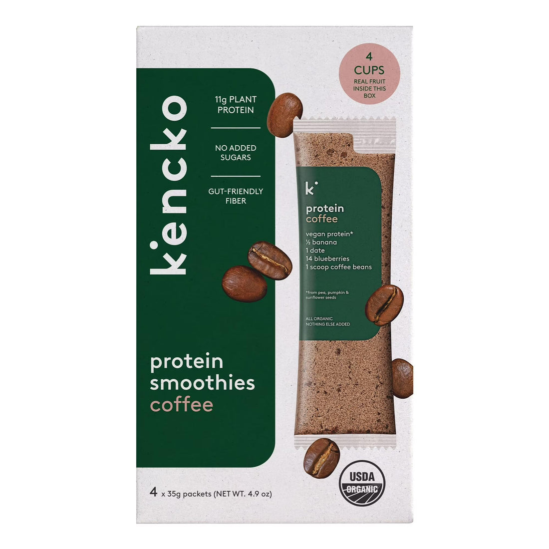 Kencko Organic Instant Fruit & Veggie Protein Smoothies Powdered Drink Mix – 4-Packx35gm, Certified Organic (Chocolate)