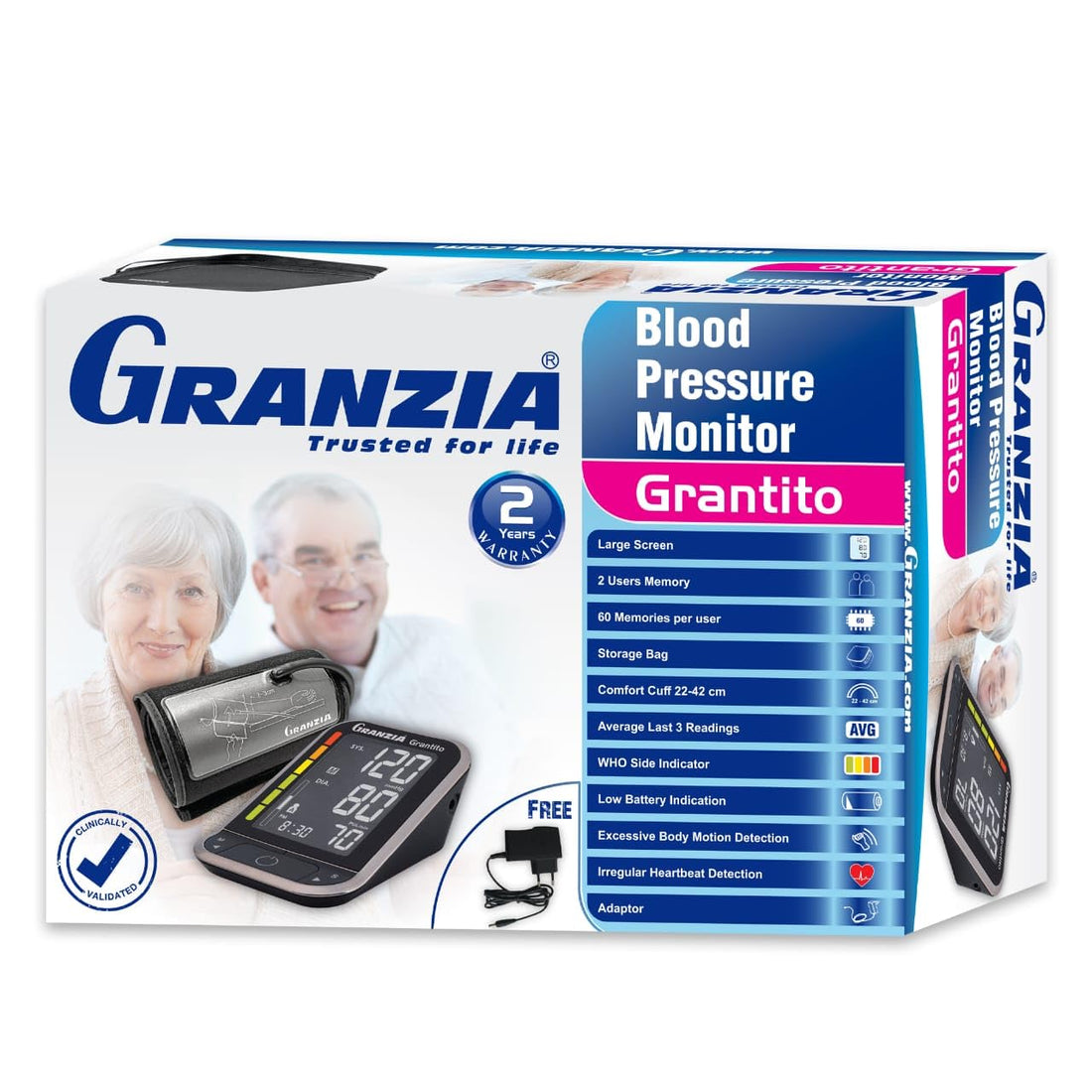 Granzia Grantito Digital Blood Pressure Monitor with Signature Palm for Easy On and Off with Adaptor