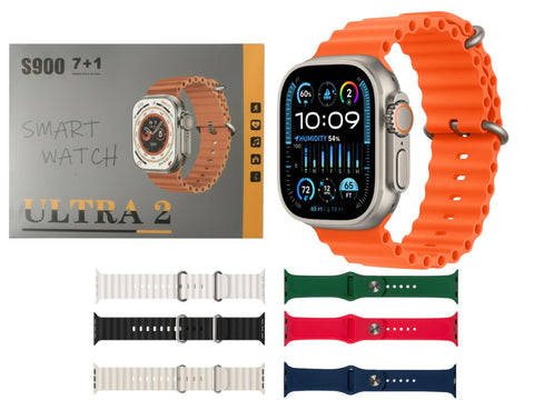 Smart watch 7 In 1 with Heart Rate Monitor,ِAMOLED Display, Multi-Sport Modes, Compatible with IOS & Android, Support Arabic Not Revers, NFC, 7 different silicone Bands (S900 Gold)