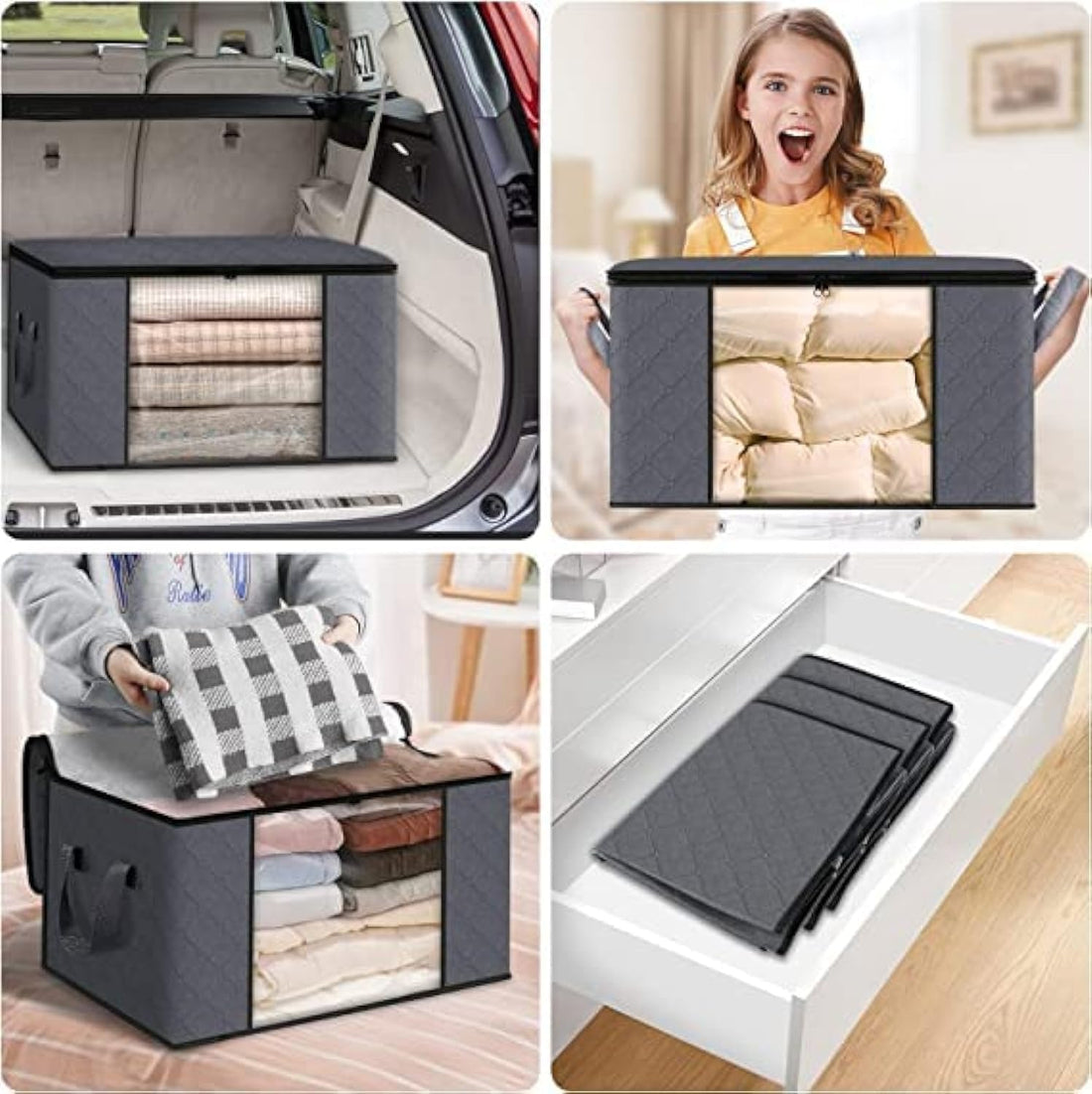 4-Pack Clothes Storage,Foldable Blanket Storage Bags,Storage Containers for Organizing, Clothing, Bedroom, Comforter, Closet, Dorm, Sweater, Quilts, Organizer, Grey