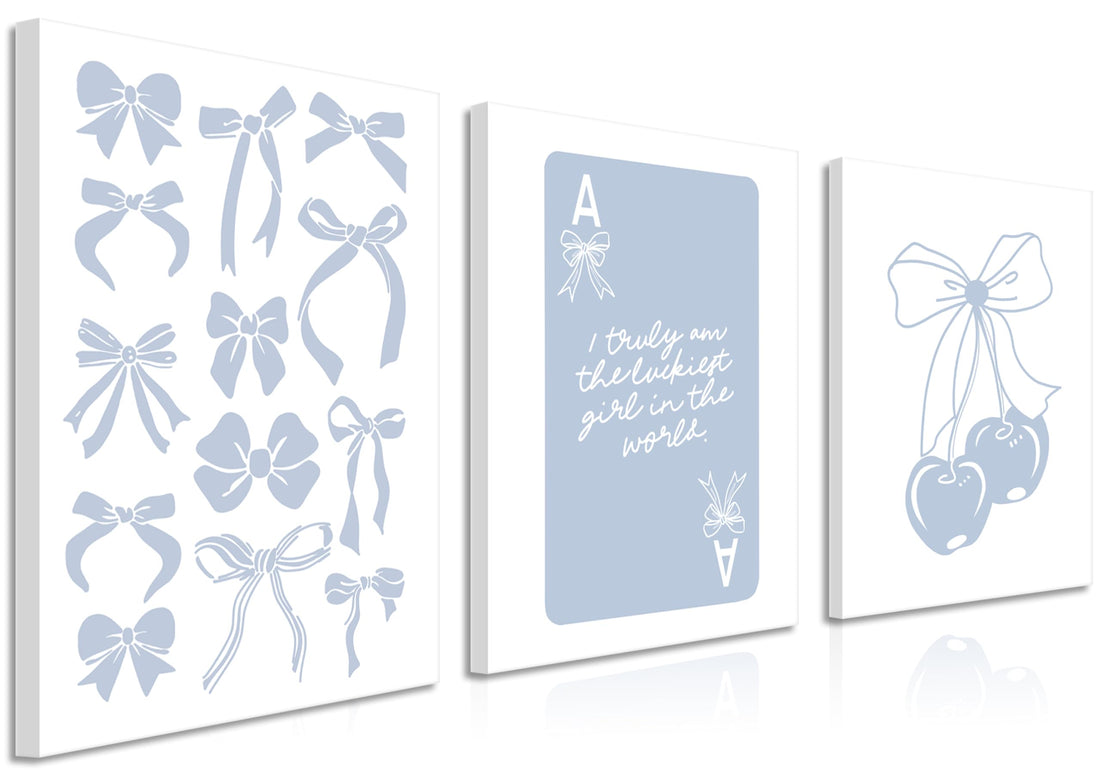 Trendy Preppy Canvas Wall Art Set of 3, Light Blue Bow Picture Wall Decor Paintings, Poker Lucky Coquette Room Posters Prints for Dorm College Apartment Bedroom 12x16In Framed