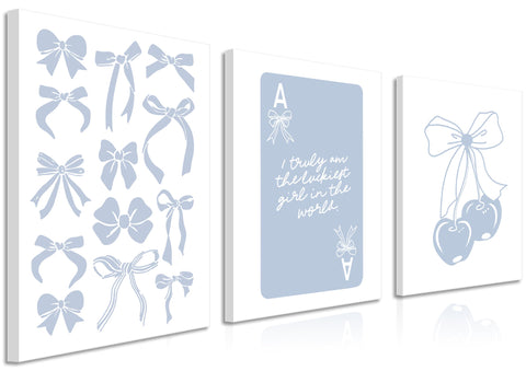 Trendy Preppy Canvas Wall Art Set of 3, Light Blue Bow Picture Wall Decor Paintings, Poker Lucky Coquette Room Posters Prints for Dorm College Apartment Bedroom 12x16In Framed