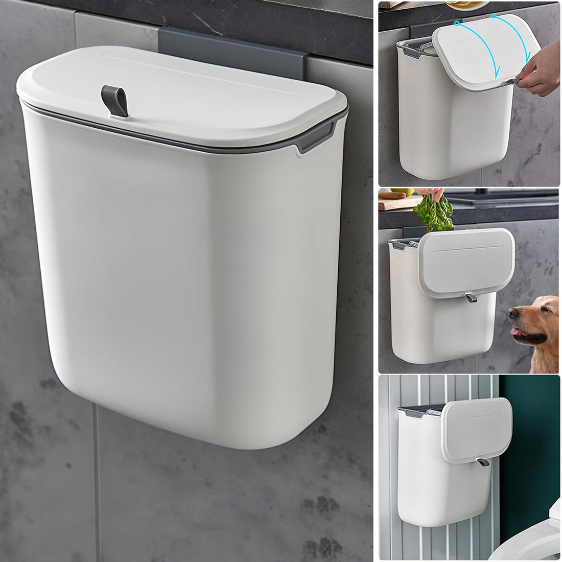 Kitchen Compost Bin, 9L Hanging Trash Can with Lid for Counter Top or Under Sink, recycling bins for kitchen, Food Waste Bin, Plastic Garbage Can for Cupboard, Bathroom, Bedroom, Office White