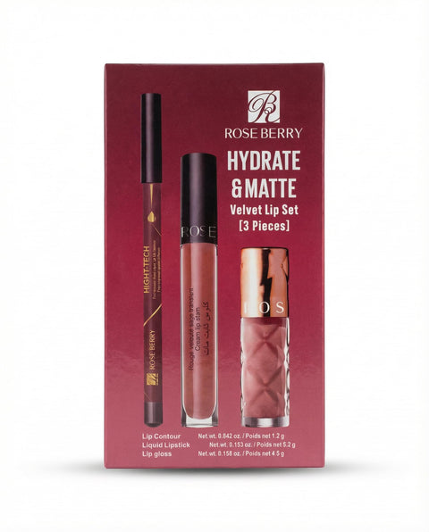 Rose Berry Hydrate & Matte Velvet Lip Set, 3 Pieces, Lip Contour, Liquid Lipstick, Lip Gloss, Set No. L03