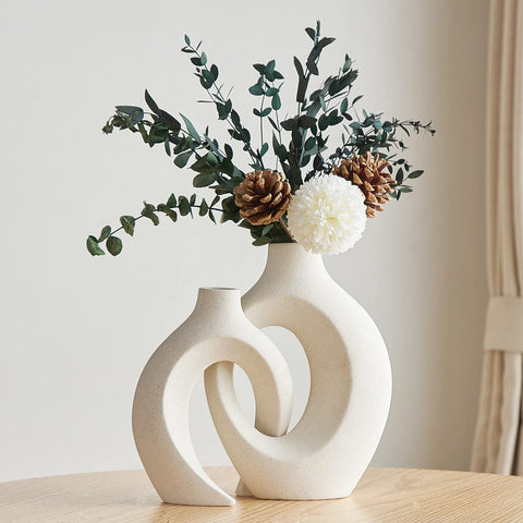 AWNR White Ceramic Vase Set of 2 for Modern Home Decor, Round Boho Donut Pampas Grass, Neutral Minimalist Dining Room Table Centerpiece Room, Living Wedding Decoration