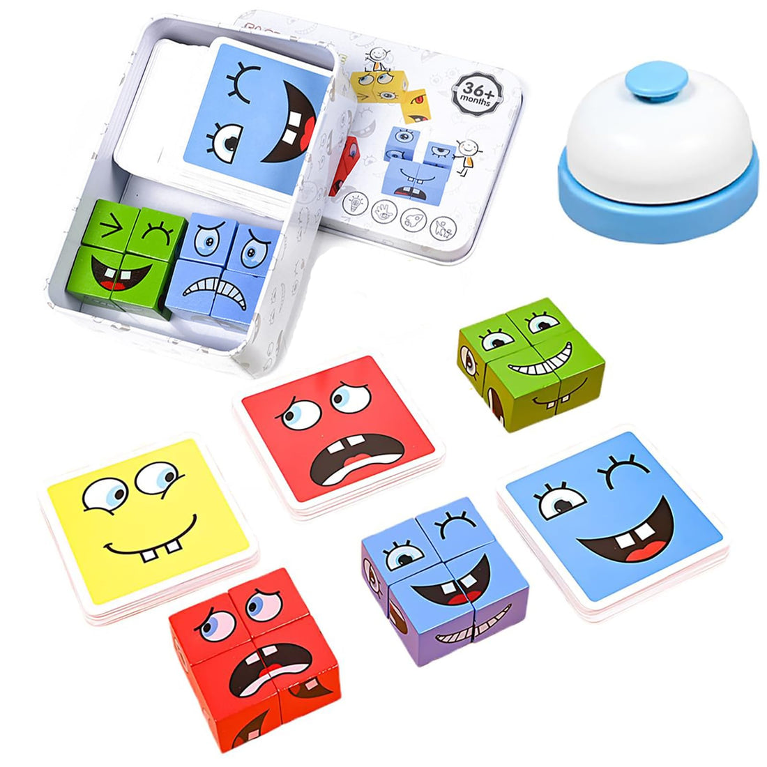 Face Expression Puzzle, Mix Face Complete Game of Bells Wooden Cube Matching Expression Puzzle with Funny Blocks for Moments of Family Aggregation