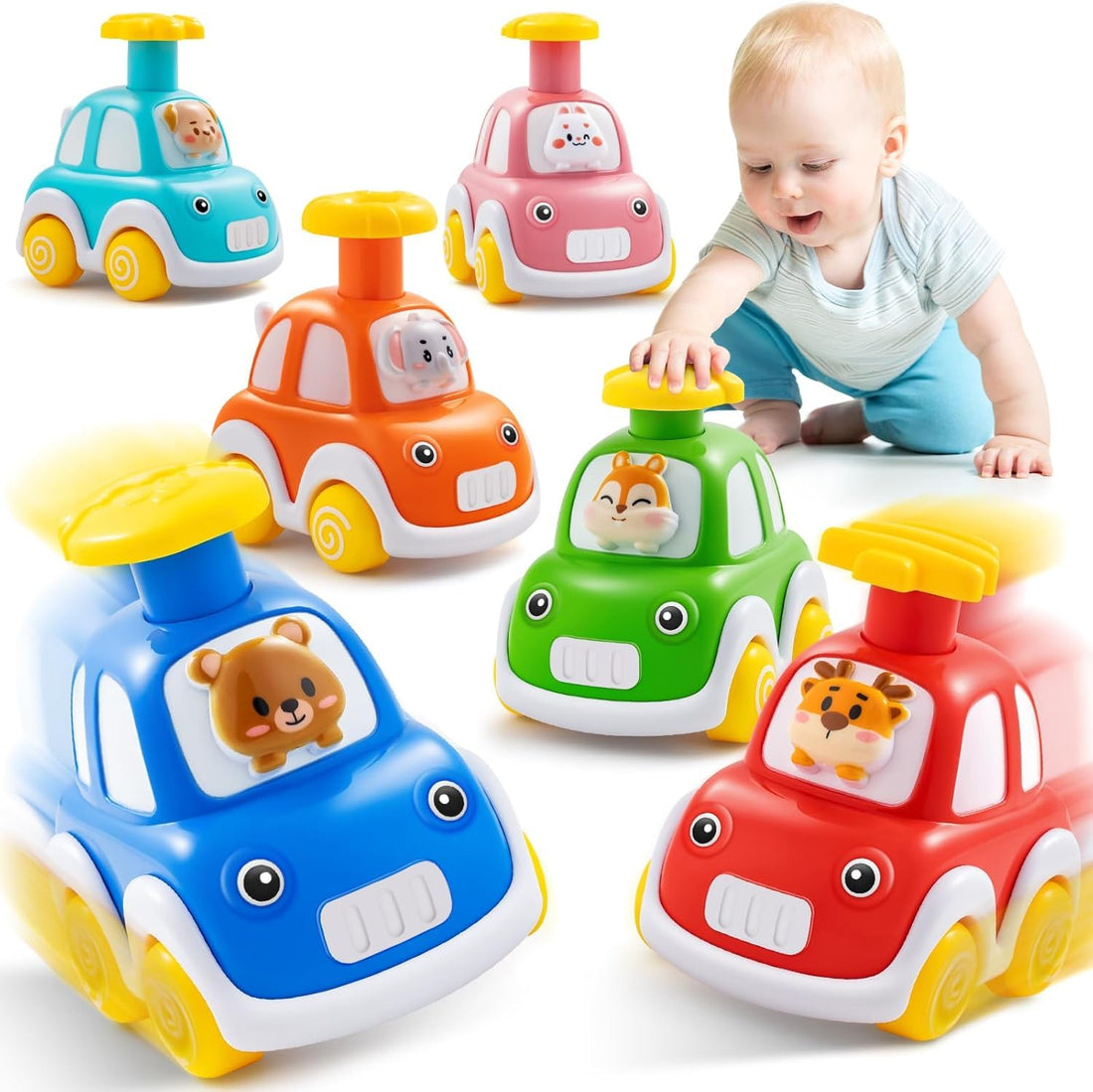 TOYS LAND Press and Go Car for Toddlers 1-3 Years, 6 Pack Animal Racing Car Set, Baby Play Cars for Infants 12-18 Months, Push Go Friction Toy Vehicles, First Birthday Gift for Boys and Girls Ages 1-2
