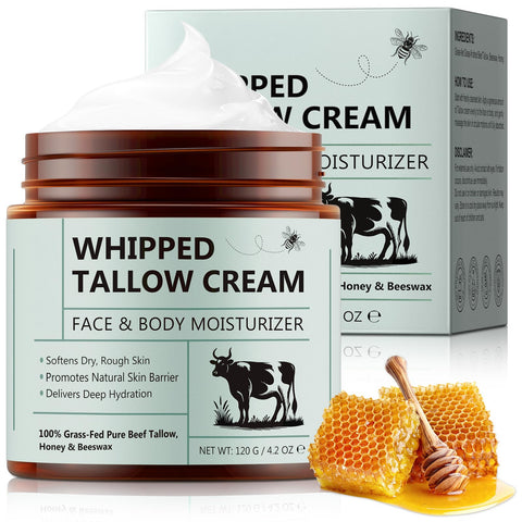 Beef Tallow for Skin Care 120 g, Tallow and Honey Balm, Tallow Face Cream, Tallow Face Moisturizer, Organic Grass-Fed Whipped Tallow Balm with Raw Honey, Deep Hydration for Face & Body