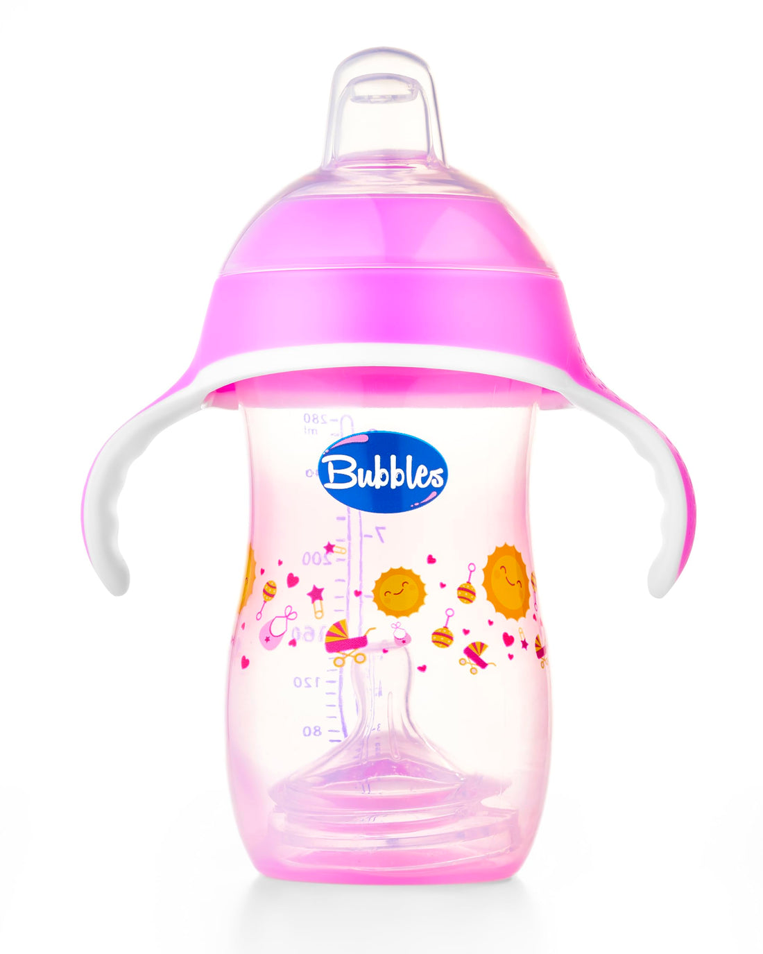 Bubbles Cup and Feeding Bottle 2 in 1 280ml Handheld with 2 Teats Cup and Natural Nipple for 6 Months Baby Feeding, Hot and Cold Drinks, Microwaveable, Pink - Rose