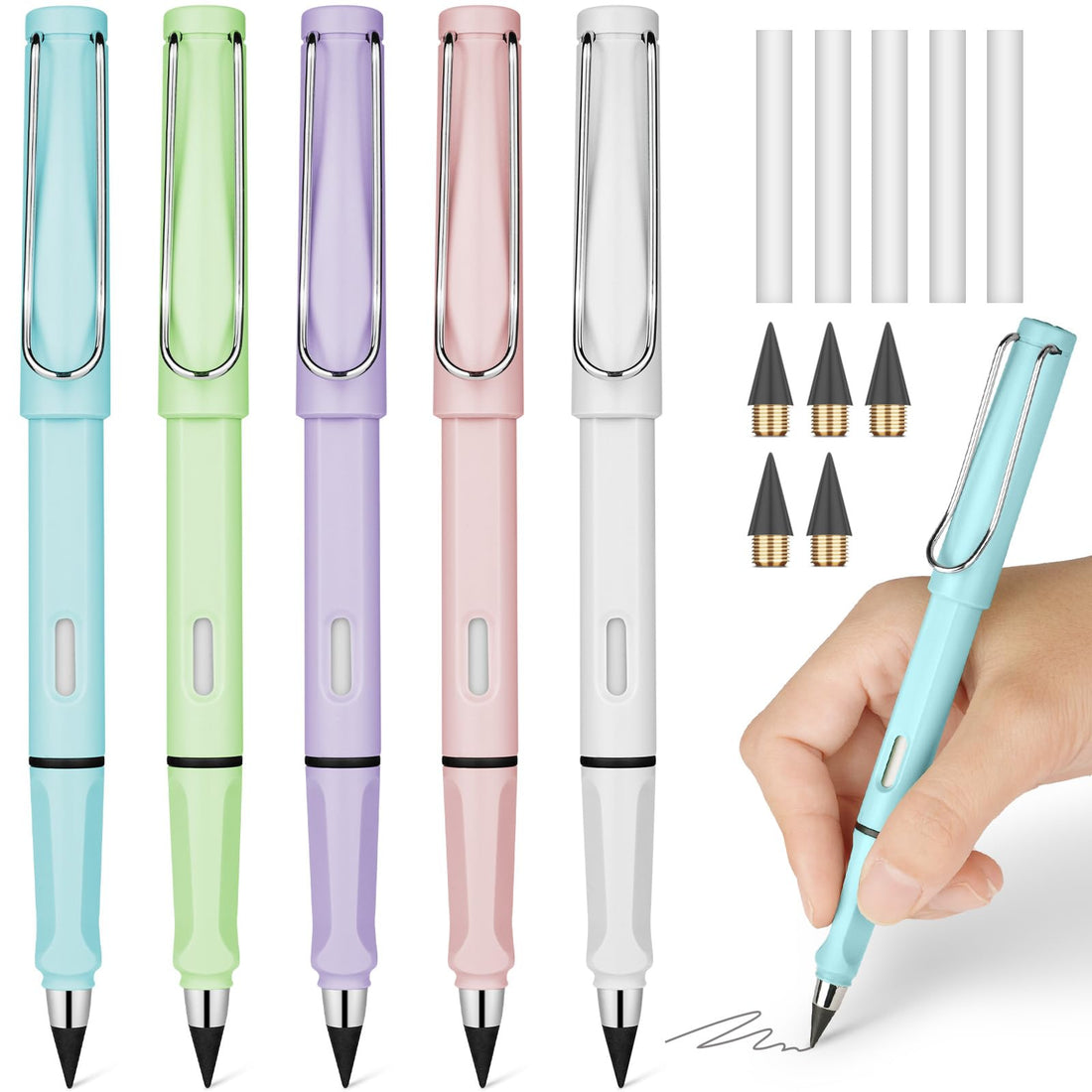 Ainiv 5 Sets Infinity Pencil with Eraser Reusable Inkless Pencil No Sharpen Everlasting Pencil with Extra 5 Eraser & 5 Replaceable Nibs Eternal Pencil for Writing Drawing Home Office School Supplies