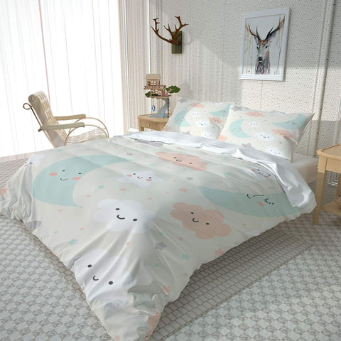 3D Printed Duvet Cover Single size 135x200cm 3 Piece Bedding Set Ultra Soft Easy Care Hypoallergenic Microfiber Quilt Cover with Zipper Closure + 2 Pillowcases Cartoon moon cloud print