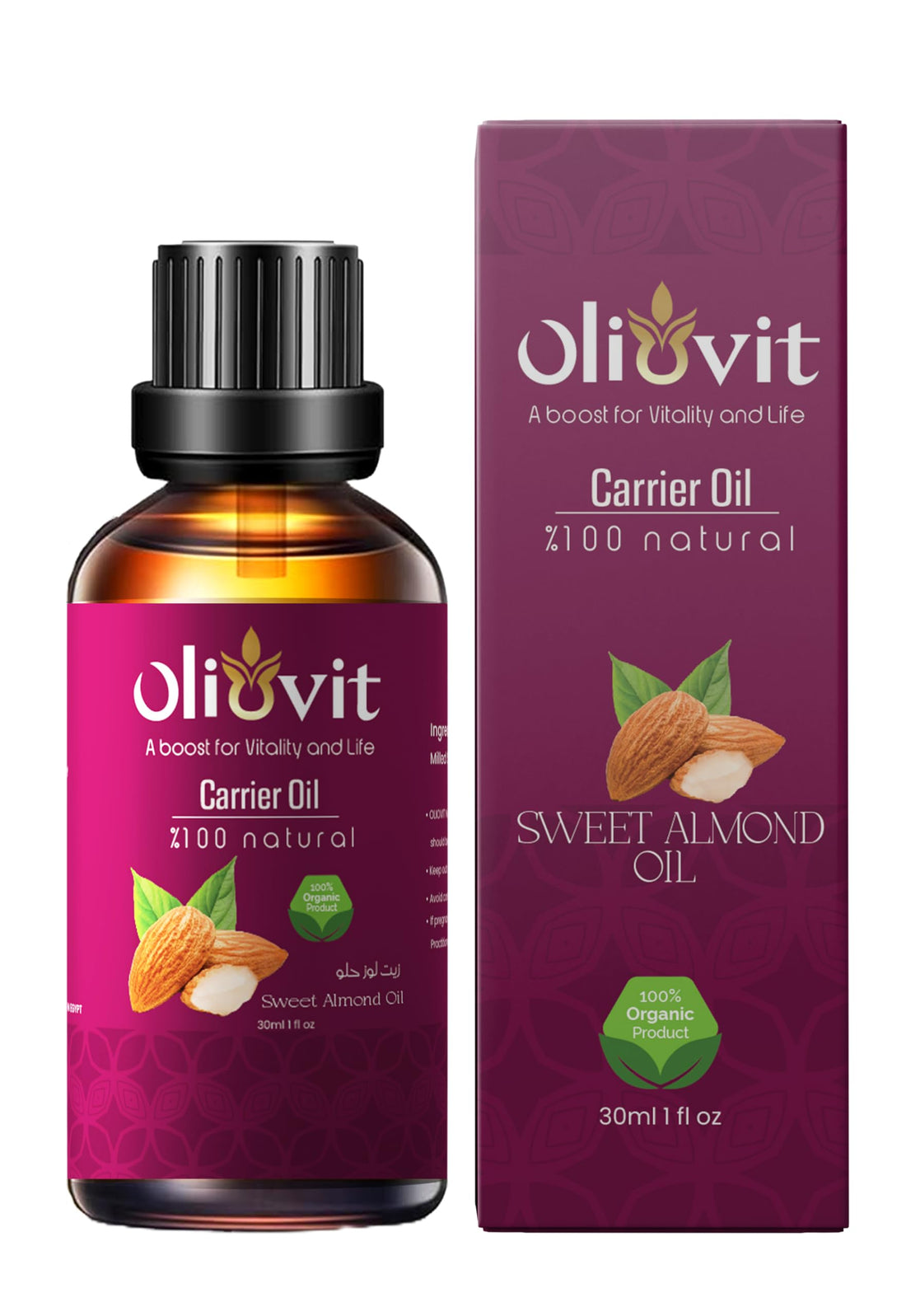 Oliovit Sweet Almond Oil Bottle, Nourishing Oil For The Skin And Hair, 30 Ml - Mauve