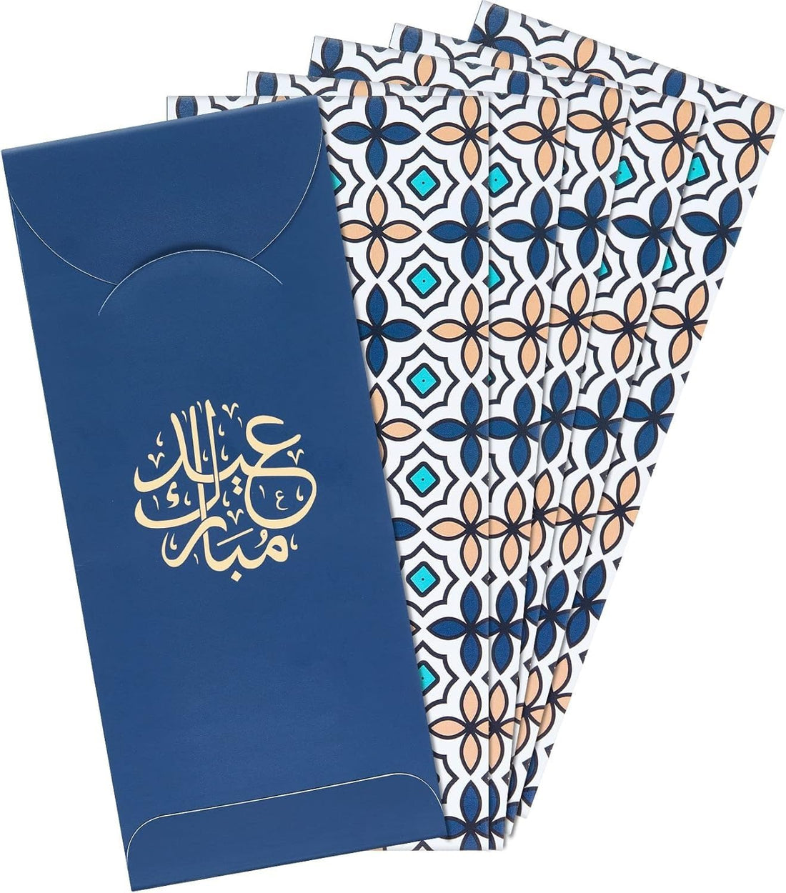 SM4U Eid Mubarak Money Envelopes, Blue and Gold Arabic Calligraphy Design, Geometric Pattern, Pack of 6