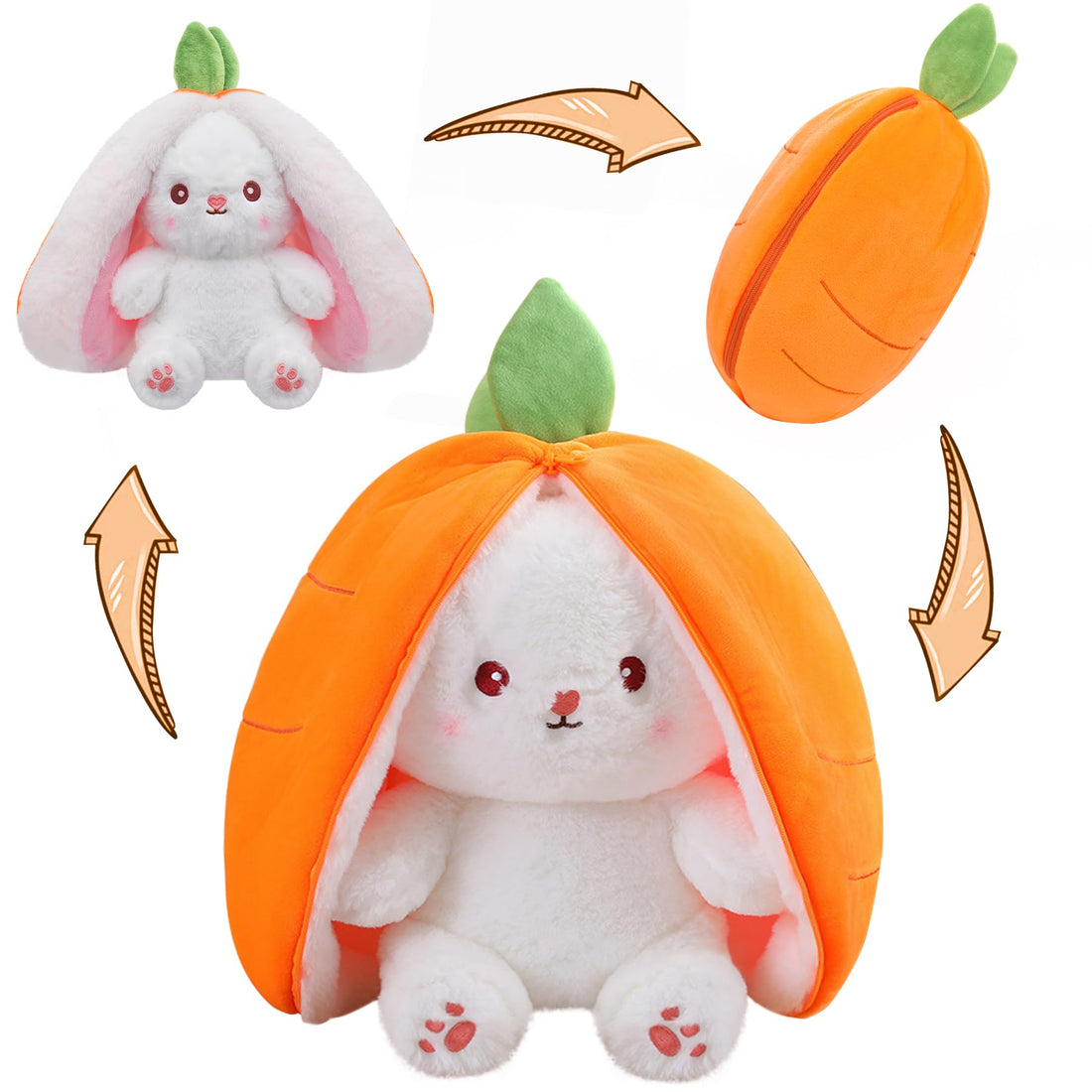 MIAODAM Cuddly Bunny Stuffed Animal, Kawaii Squishy Cute Easter Bunny Plush Turn Into Rabbit Fruit Doll Carrot Strawberry Pillow, Plushies Funny Bunny Toy for Baby (Carrot Rabbit, 10inch)