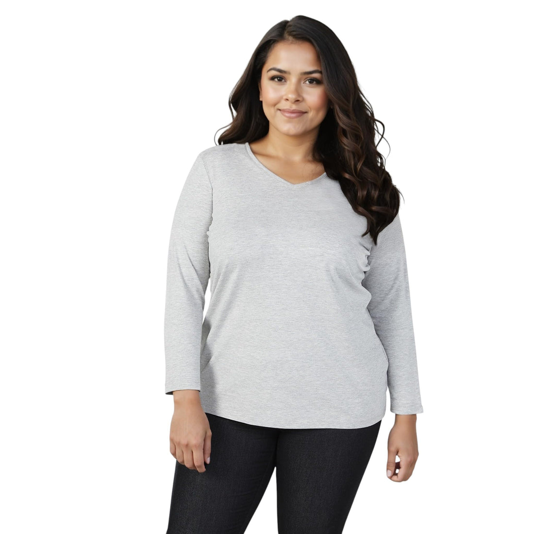 Splash Plus Size Plain V-Neck T-shirt with Long Sleeves GREY -size 16 6292367104536