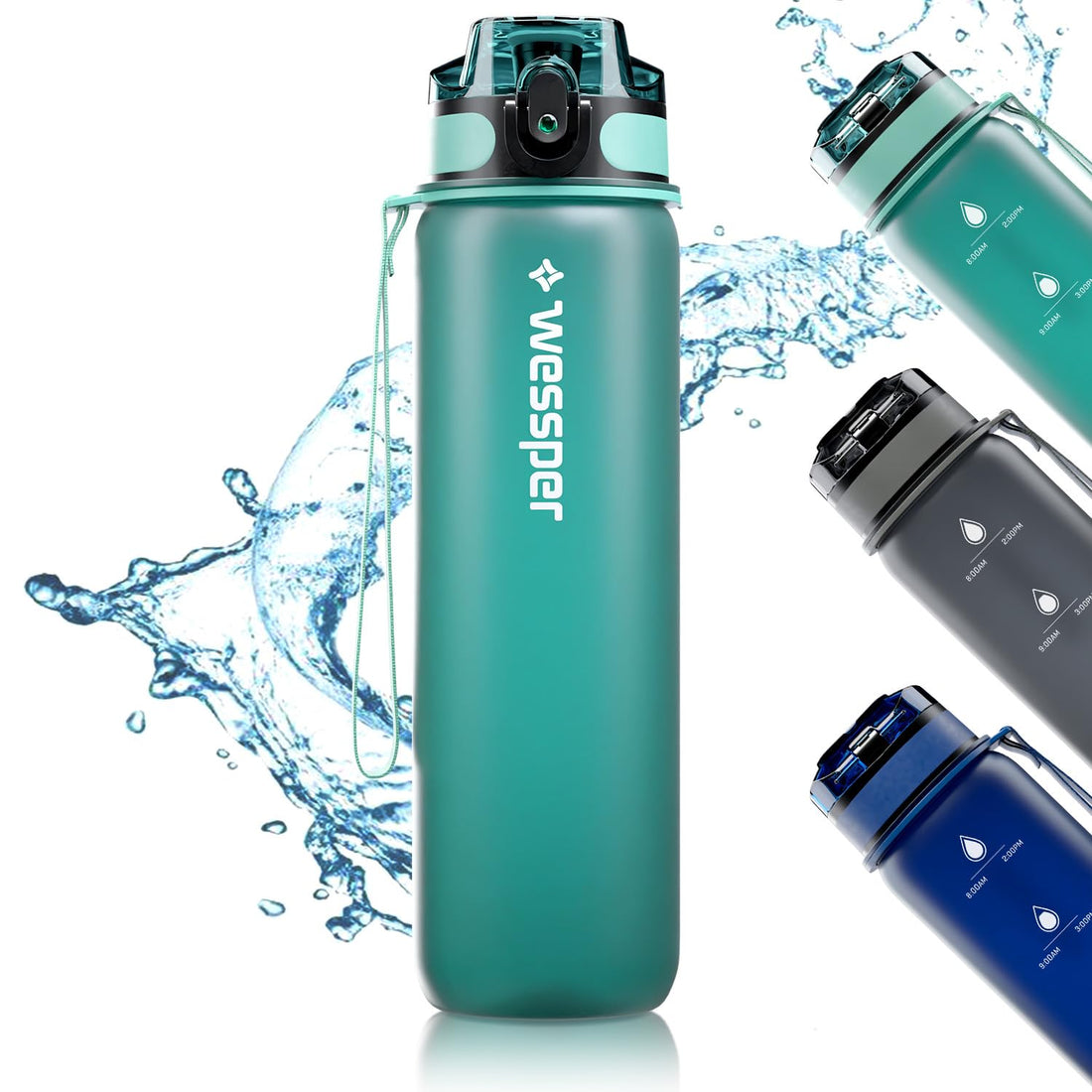 Wessper Tritan Water Bottle 1 Litre Mint Water Bottle with Time Marking BPA-Free Leak-proof Sports Bottle for Bicycle School Children Hiking Sports Water Bottle Fitness Bottle Dishwasher Safe