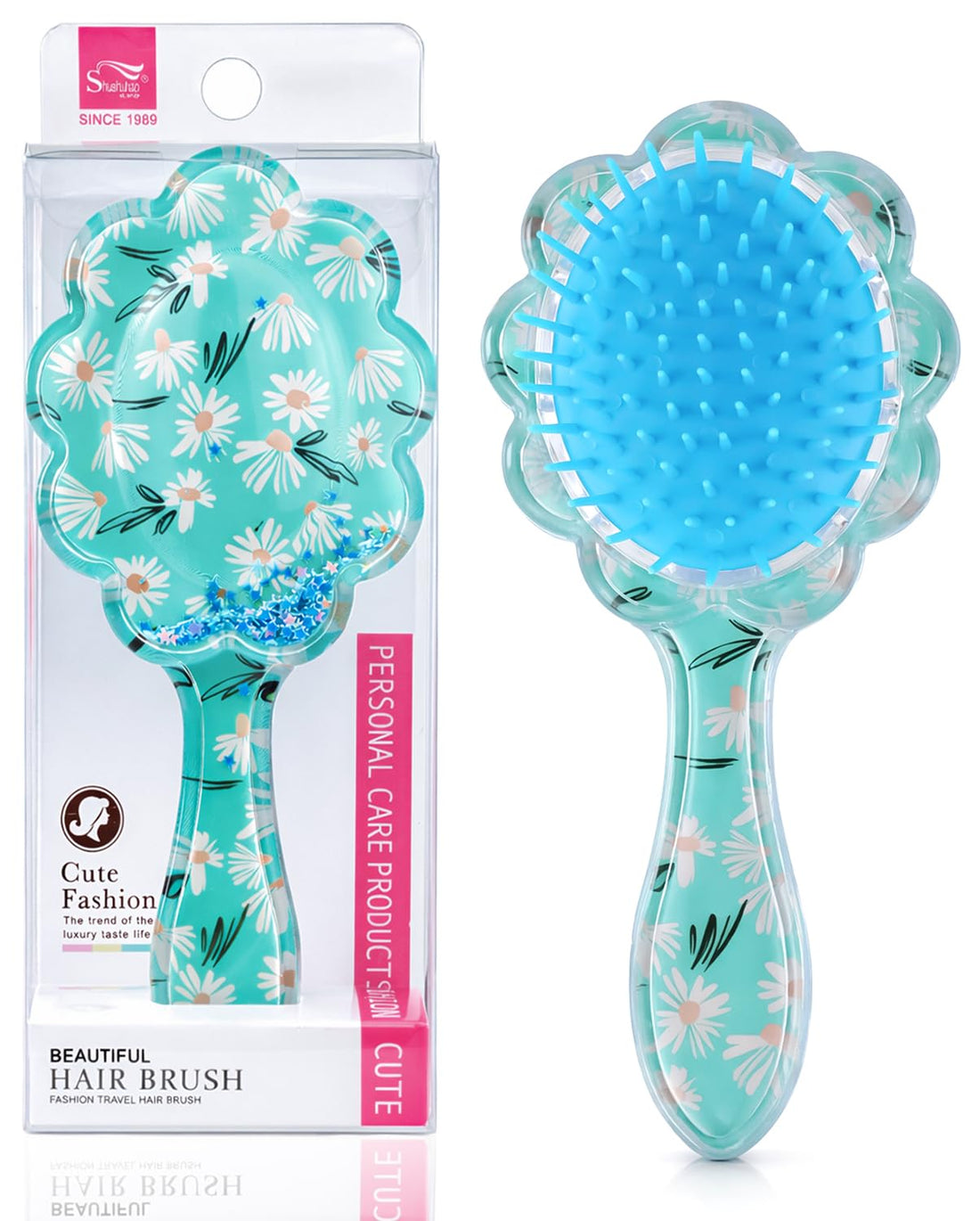 Sofia - Hair Brush, Flower Design With Moving Glitter, Detangling Air Cushion Brush, For Babies & Kids (Baby Blue)