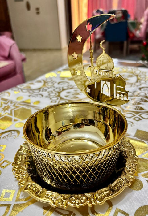 Crescent and Mosque Luxury Incense Burner, Gold Color with Decorative Saucer, Islamic Decor