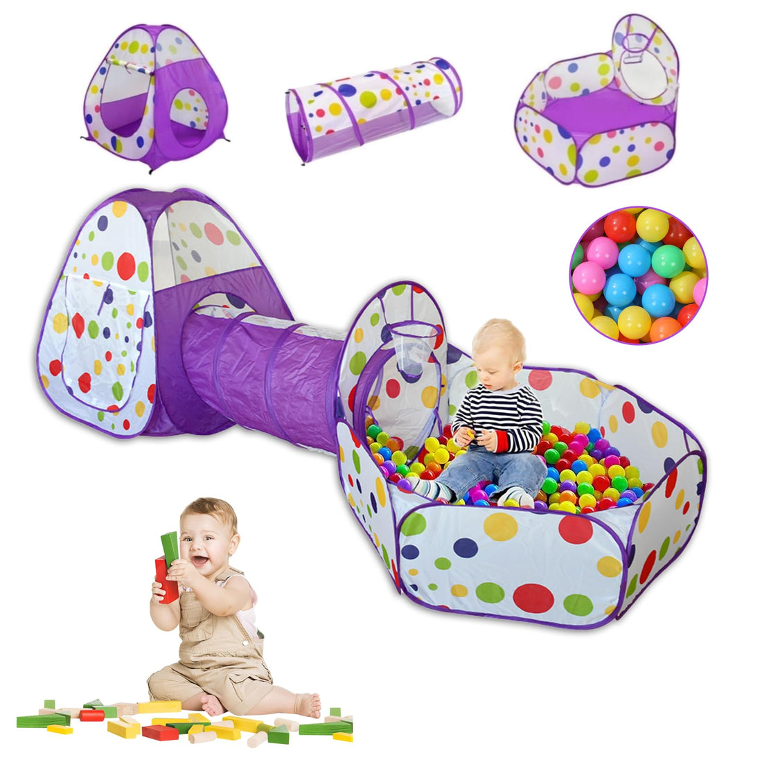 Tucorresi Kids Campaign, 3 in 1 Tunnel, Ball Pool (Balls Not Included), Folding for Kids (Purple)