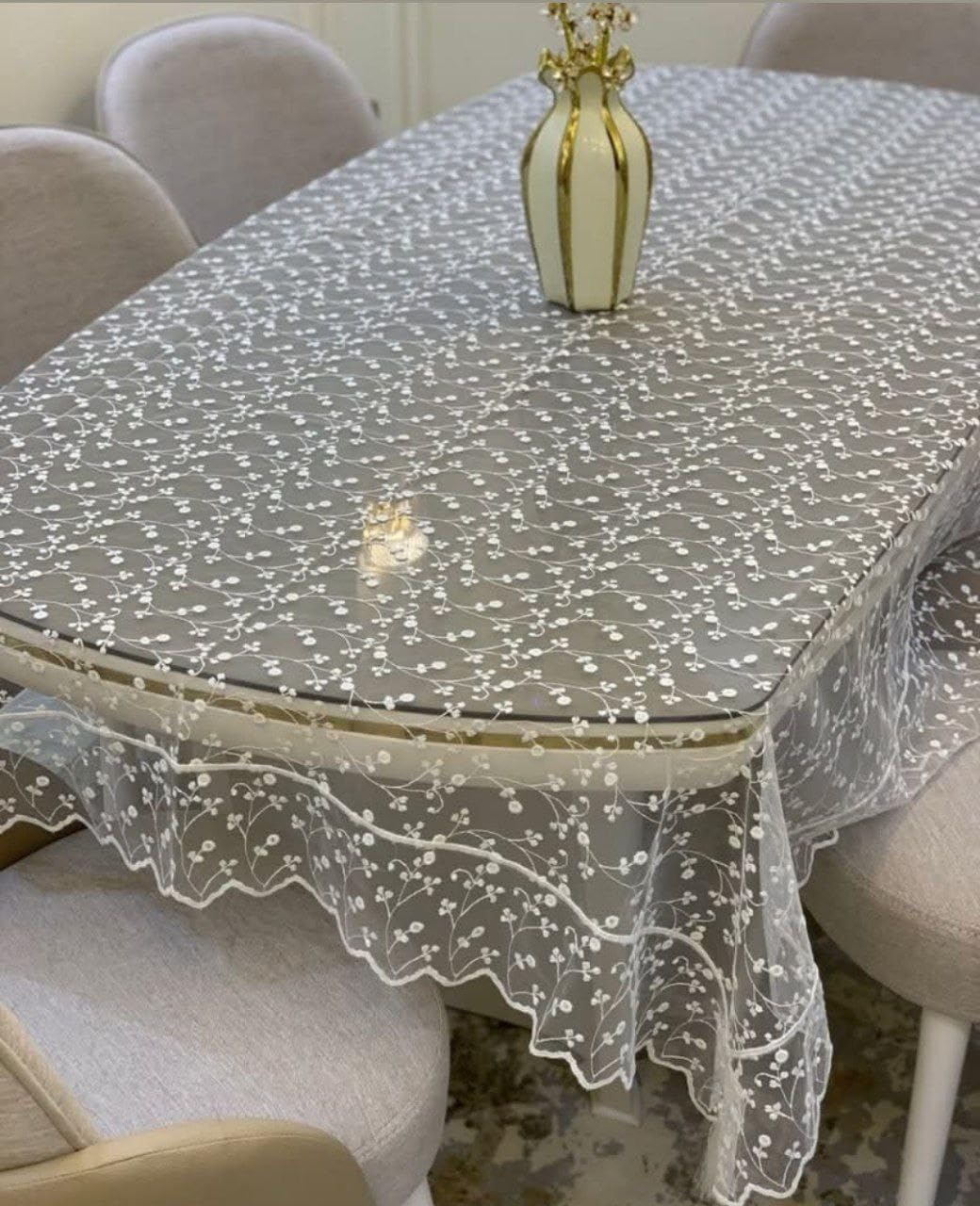 Elegant Floral Embroidered Lace Tablecloth, White, 130 x 210 cm, Decorative Border with Lotus Pattern, Chic Dining Table Cover .flo