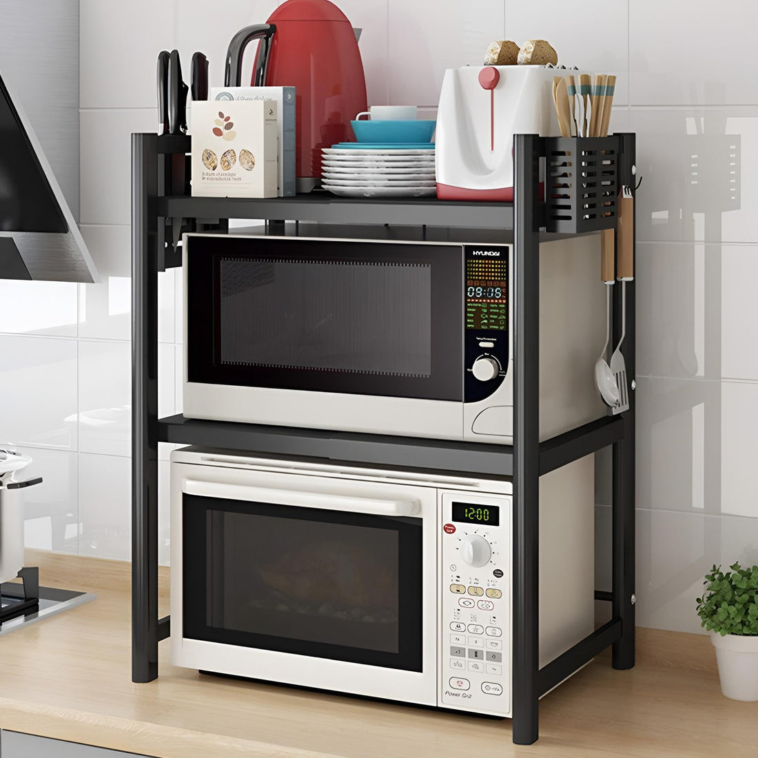 Space Saver - Black Double-Layer Countertop Rack for Microwave and Appliances, Retractable Kitchen Storage Shelf for Rice Cooker, Durable Metal Frame Optimizes Small Kitchen Areas Well