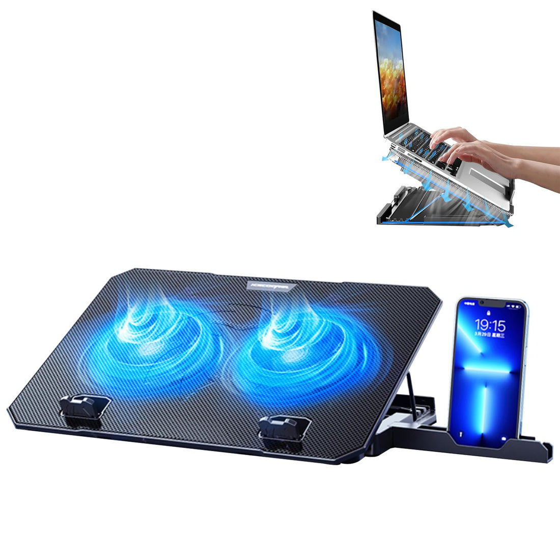 Laptop Cooling Pad with 2 Cooling Fans and Phone Holder, Laptop Fan Cooler Pad for 10-15 Inch, Notebook Cooler Stand Adjustable Height, Wind Speed Adjustable and Two USB Port